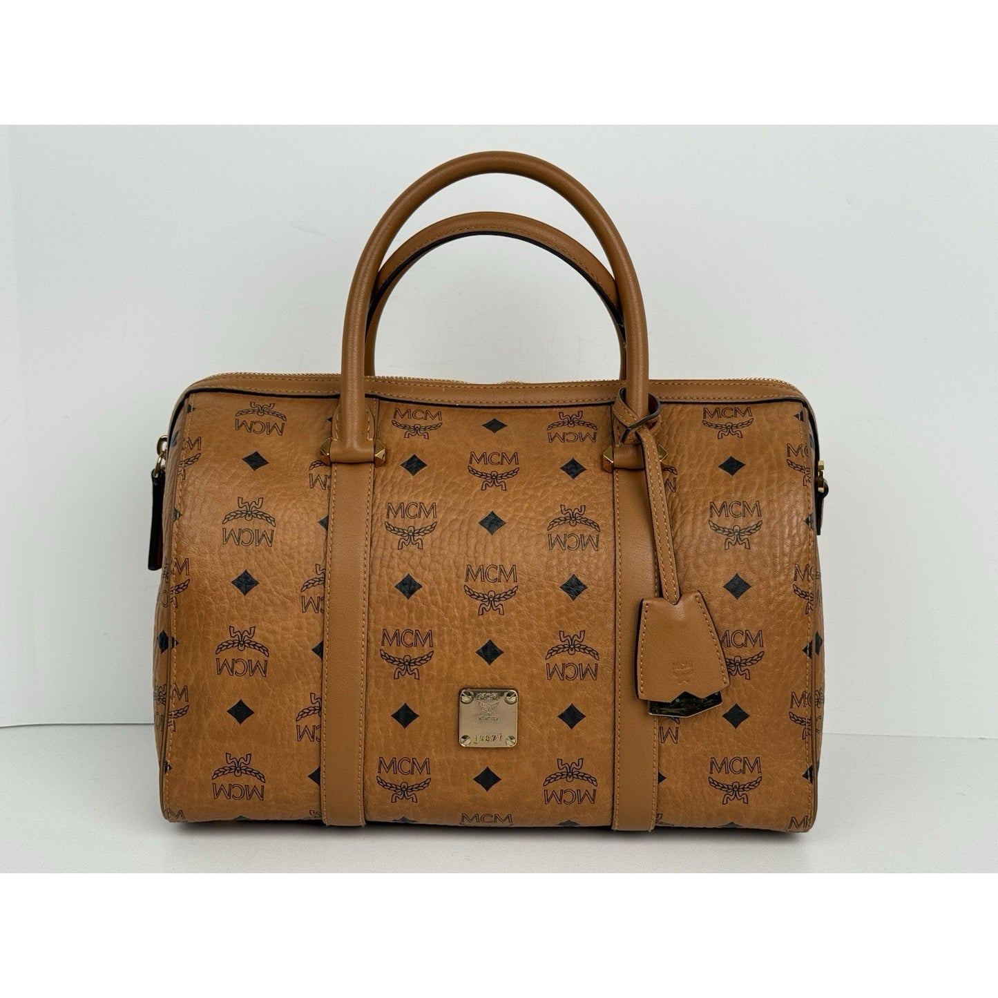 MCM Visetos Cognac Boston Satchel Handbag