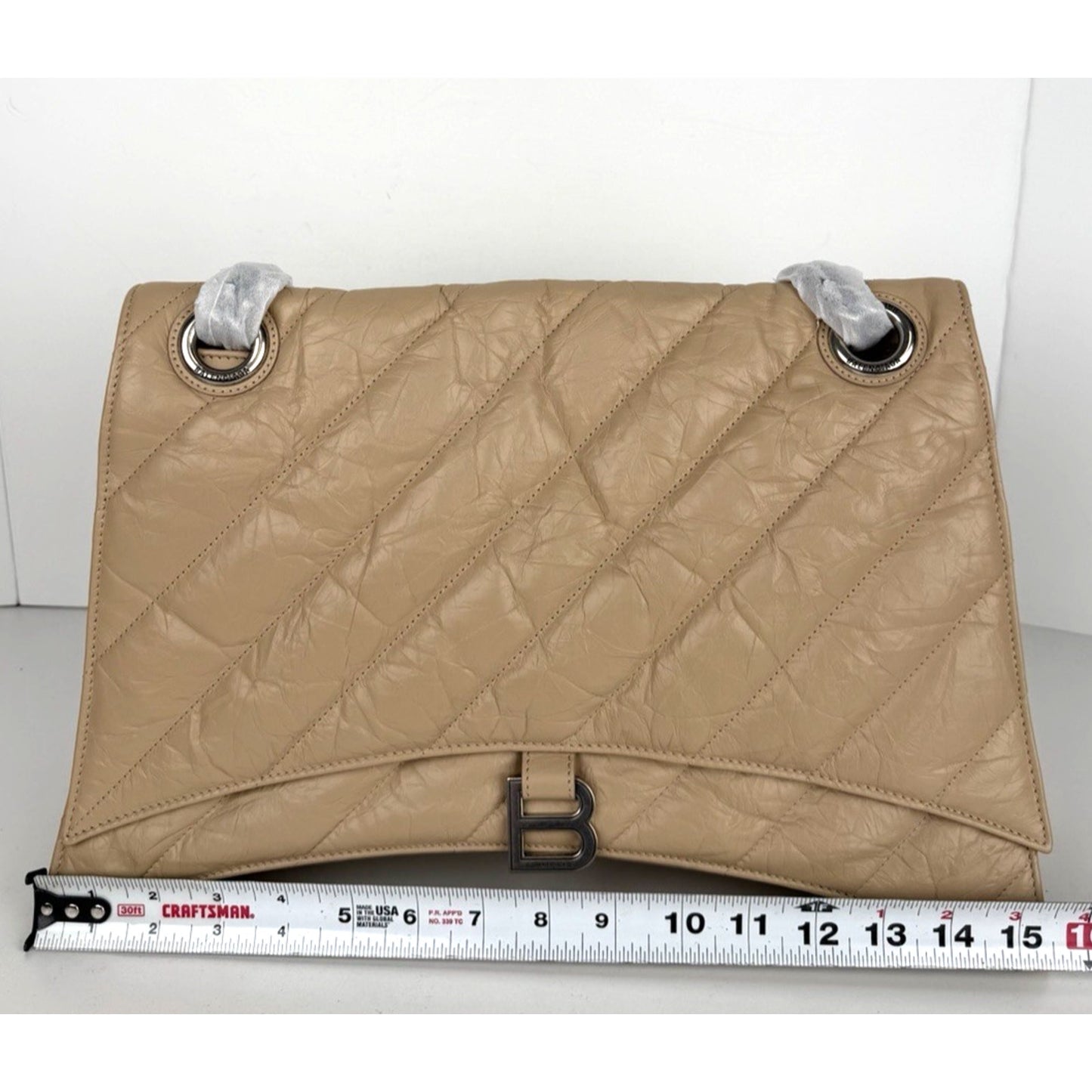 Balenciaga Large Crush Quilted Leather Chain Shoulder Bag in Light Taupe B3