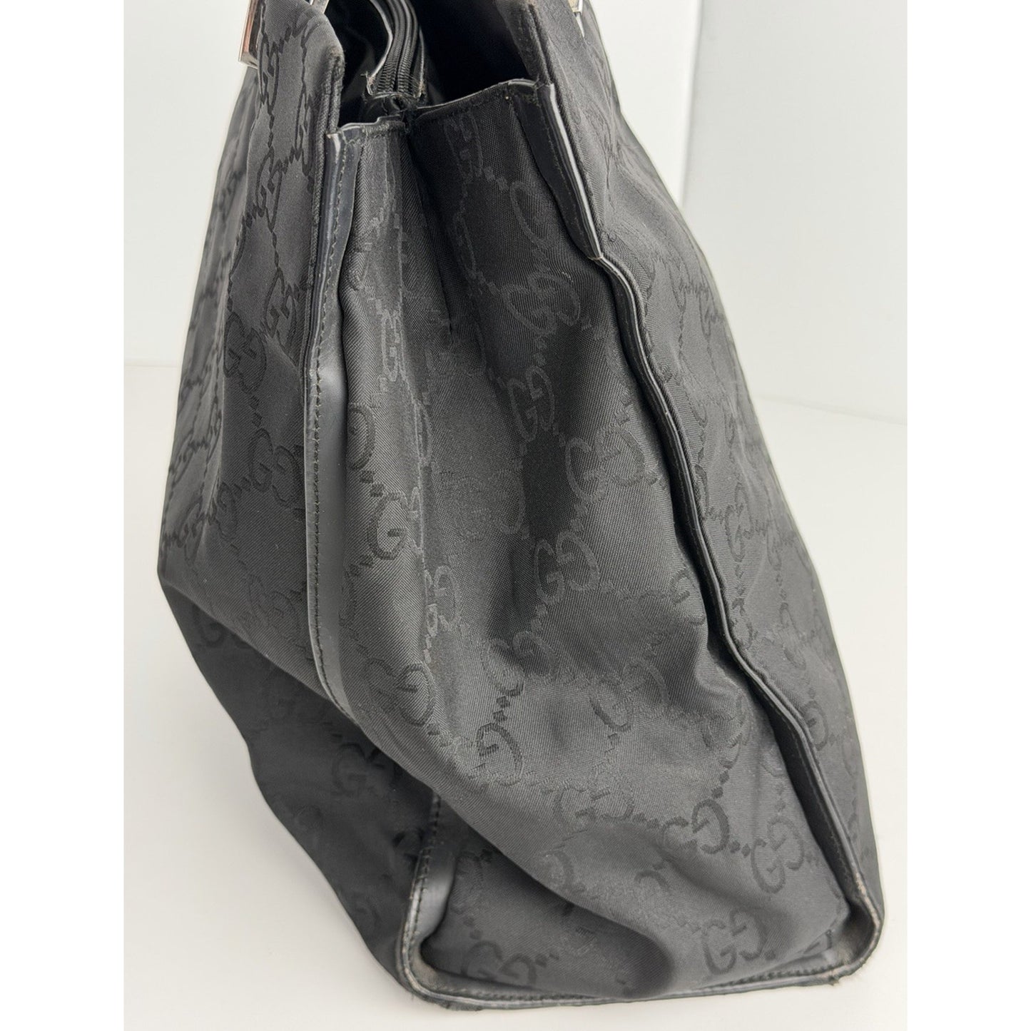 Gucci GG Bamboo Tote Bag Medium Vintage Shopper Sleek Black Monogram Nylon S15