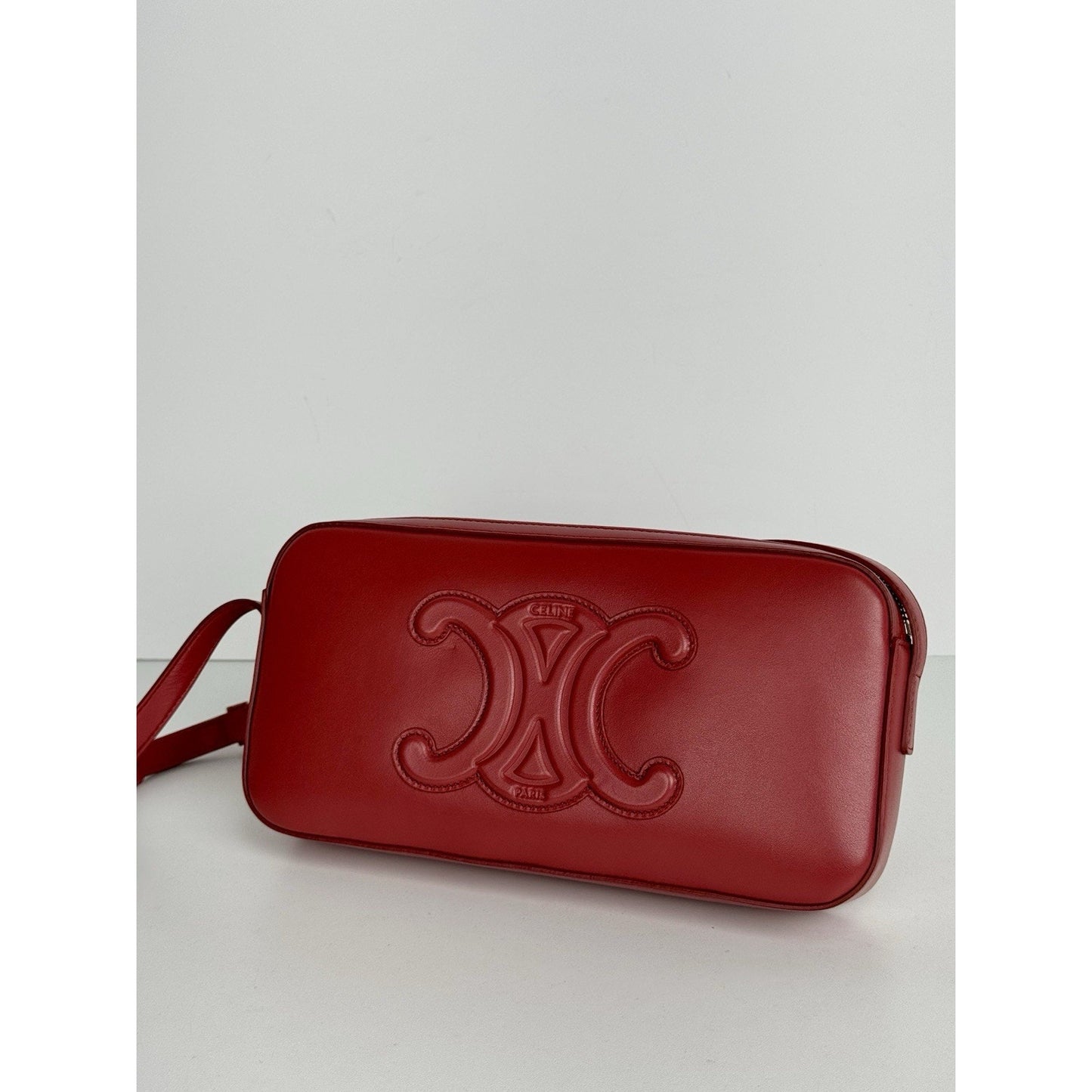 Celine Triomphe Camera Shoulder Bag Red Leather C-8