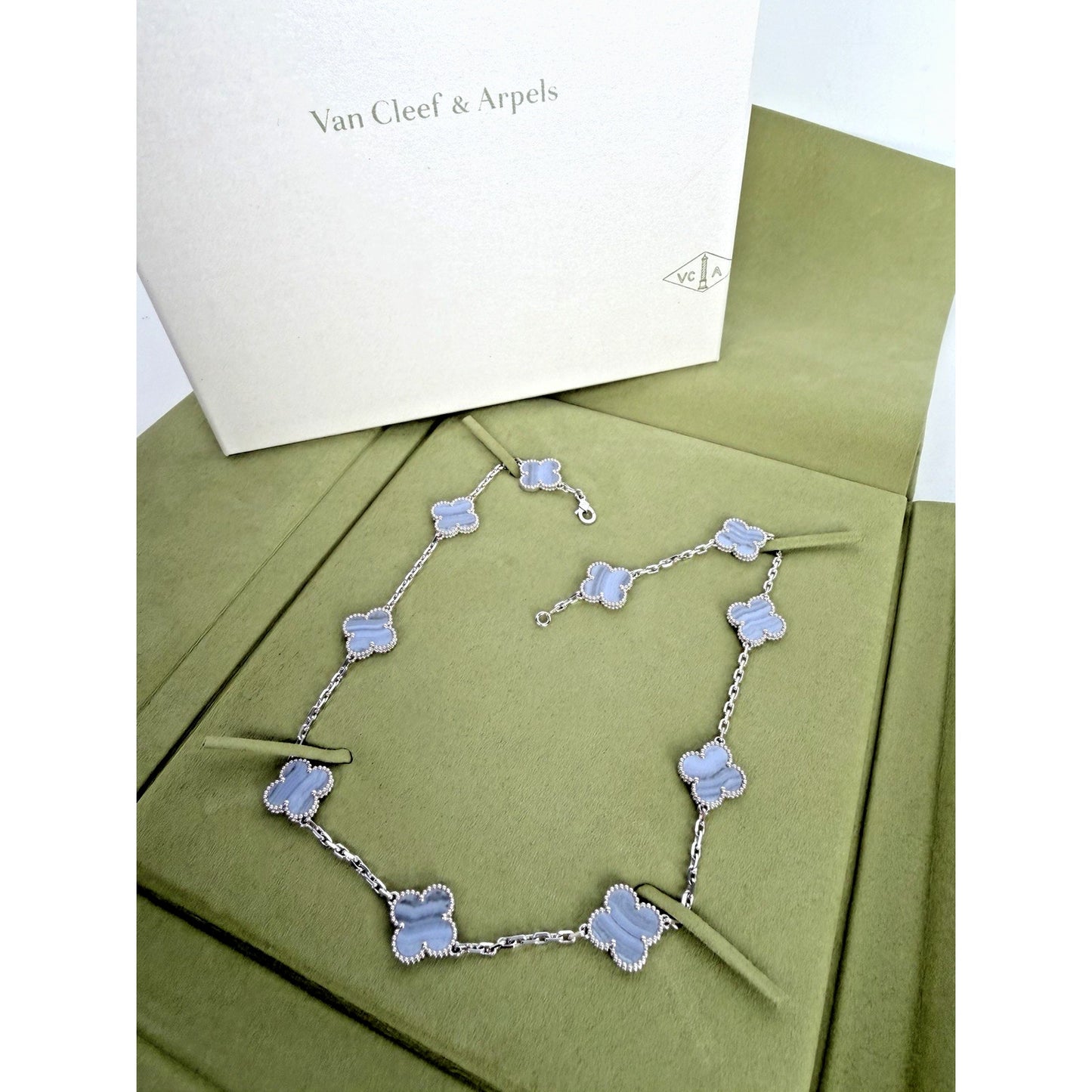 Van Cleef & Arpels Vintage Alhambra 10-Motif Necklace 18k White Gold Chalcedony