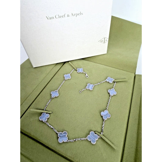 Van Cleef & Arpels Vintage Alhambra 10-Motif Necklace 18k White Gold Chalcedony