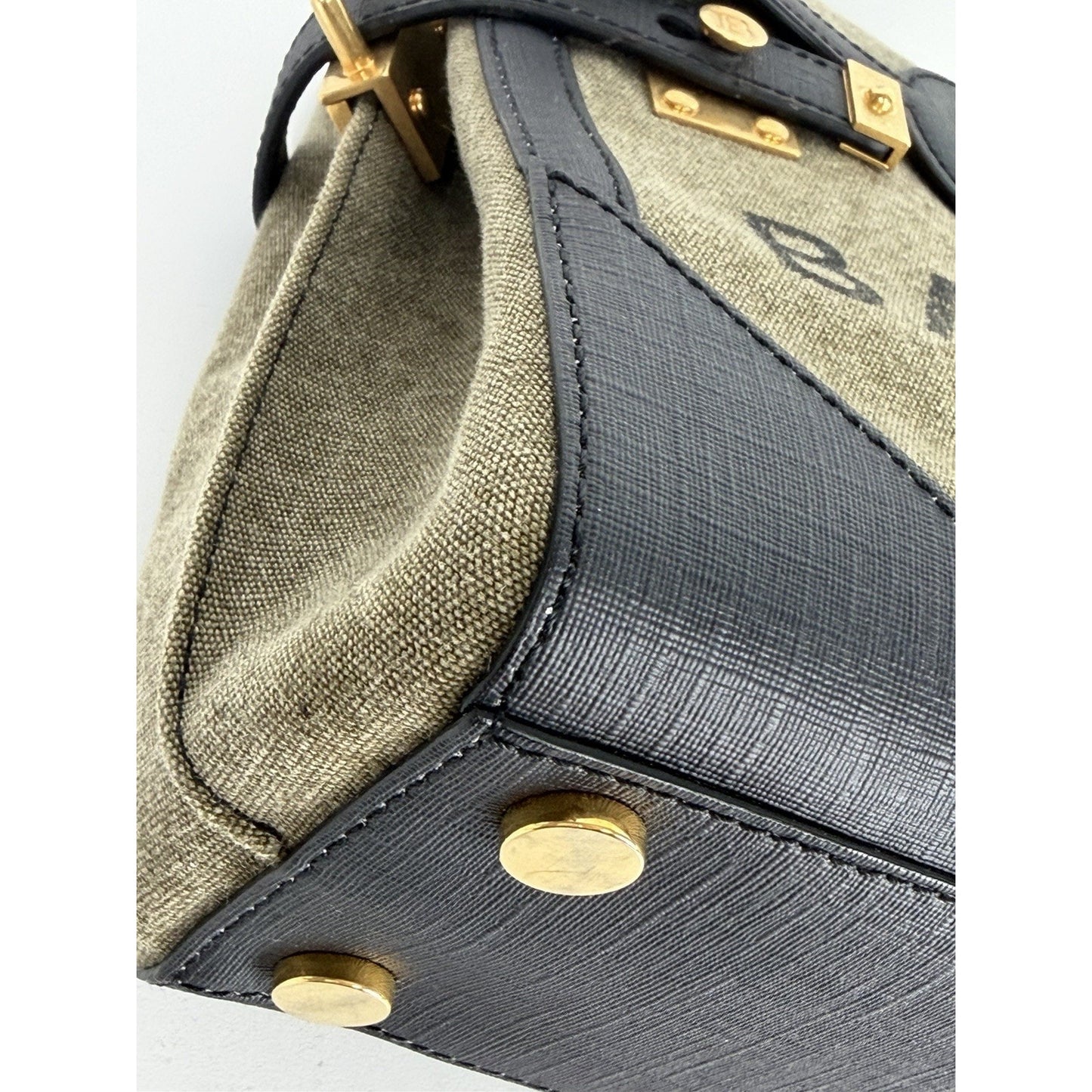 Balmain B-Buzz 23 Bag in Khaki Canvas & Black Leather with Gold-Tone Hardware S4