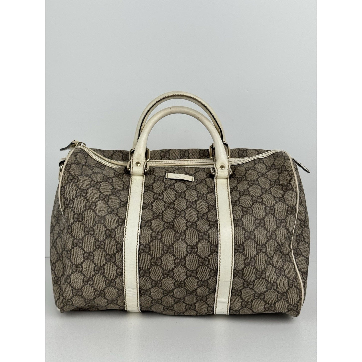 Gucci GG Supreme Medium Joy Boston Bag Brown Canvas White Leather Trim
