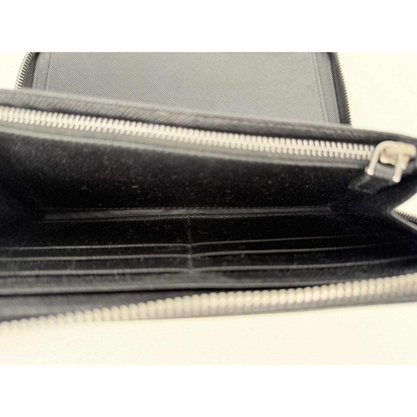 Prada Long Wallet Zip-Around in Black Saffiano Leather Silver-Tone Hardware