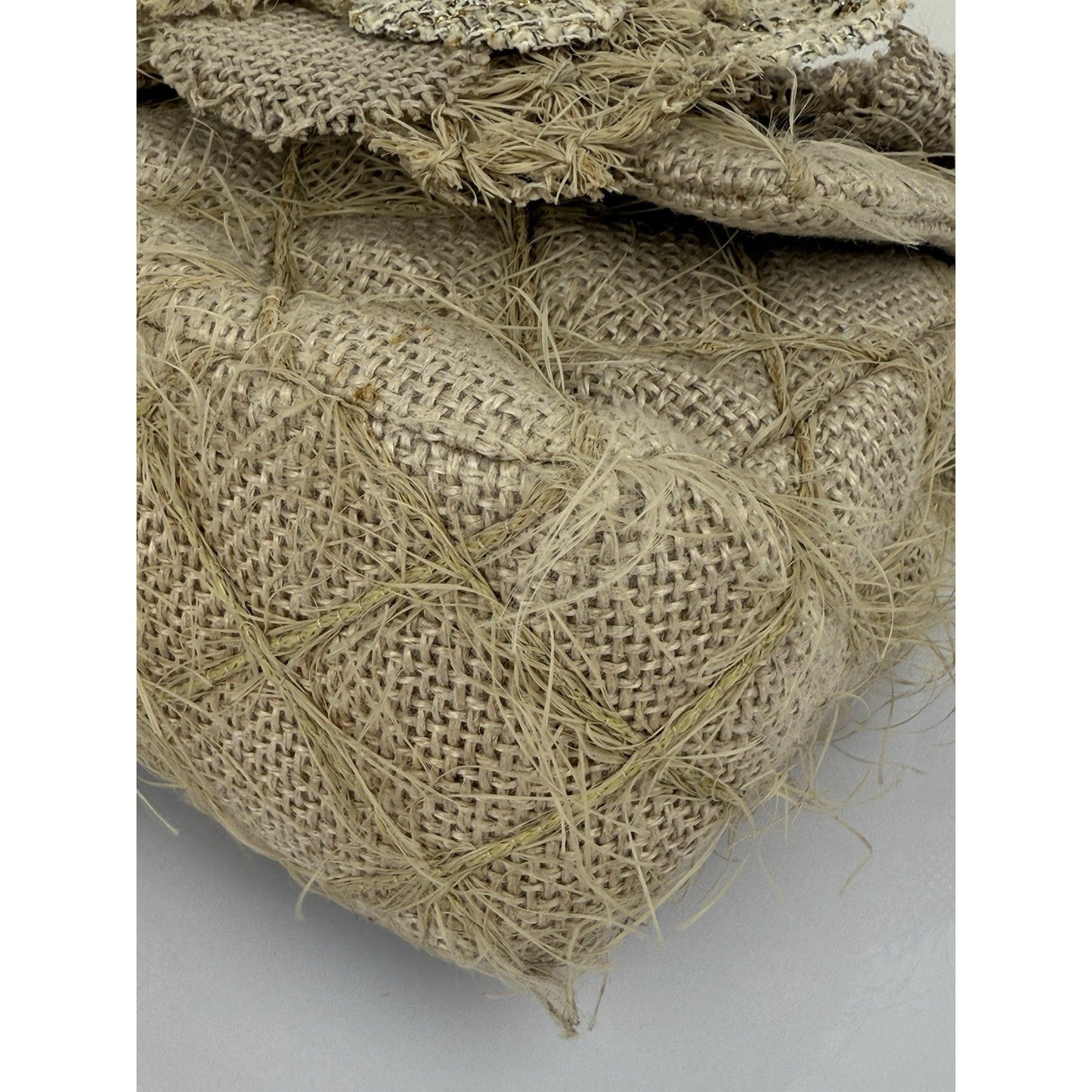 CHANEL Taupe Linen Quilted Camelia Straw Jute Raffia Medium Flap Shoulder Bag