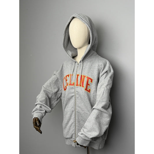 Celine Loose Zip-Up Hoodie in Grey Melange Cotton Fleece L-Size