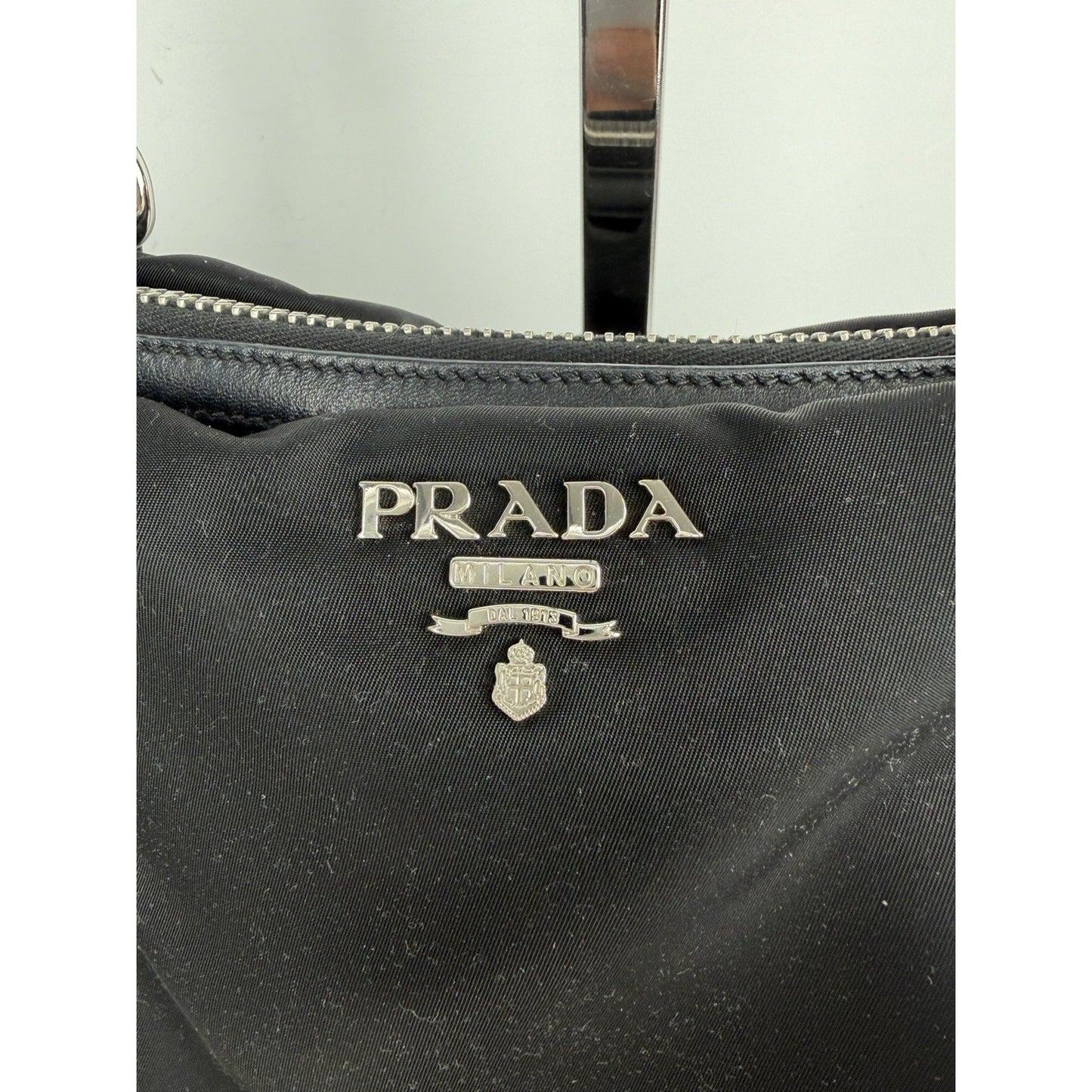 Prada Tessuto Top-Handle Bag Medium in Black Nylon with Silver Hardware S-12