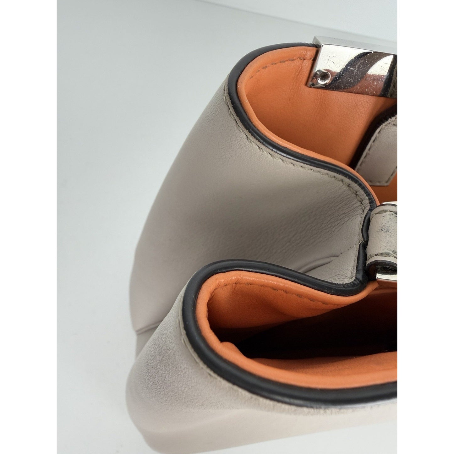 Fendi Petite 2Jours Tote Bag Neutral Gray Leather & Orange Leather Lining S