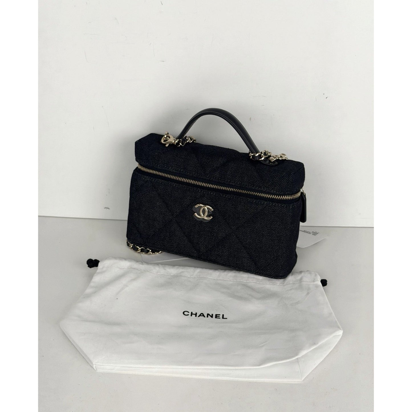 Chanel Slim Vanity Case Crossbody Bag in Blue Quilted Denim With Chain NFC E-1