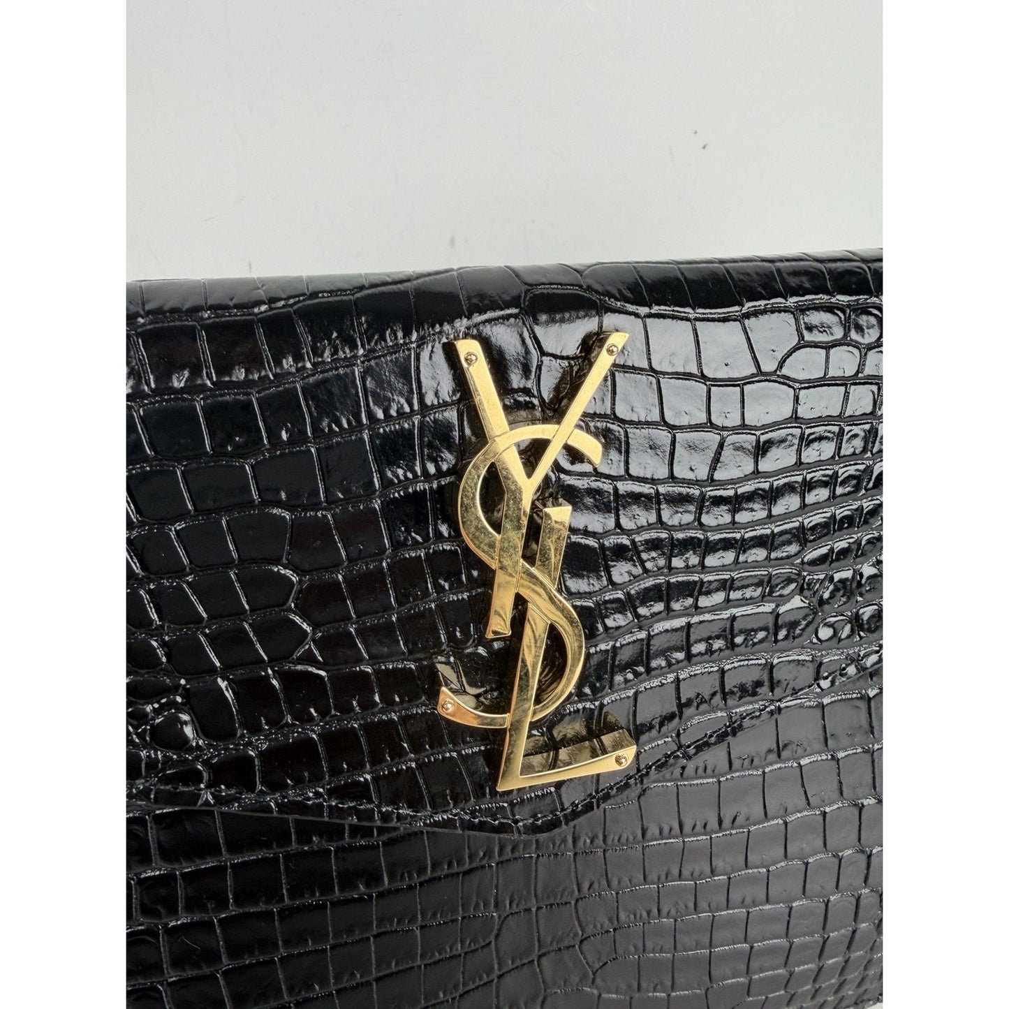 Saint Laurent Uptown Envelope Pouch Bag in Black Croc-Embossed Leather S15
