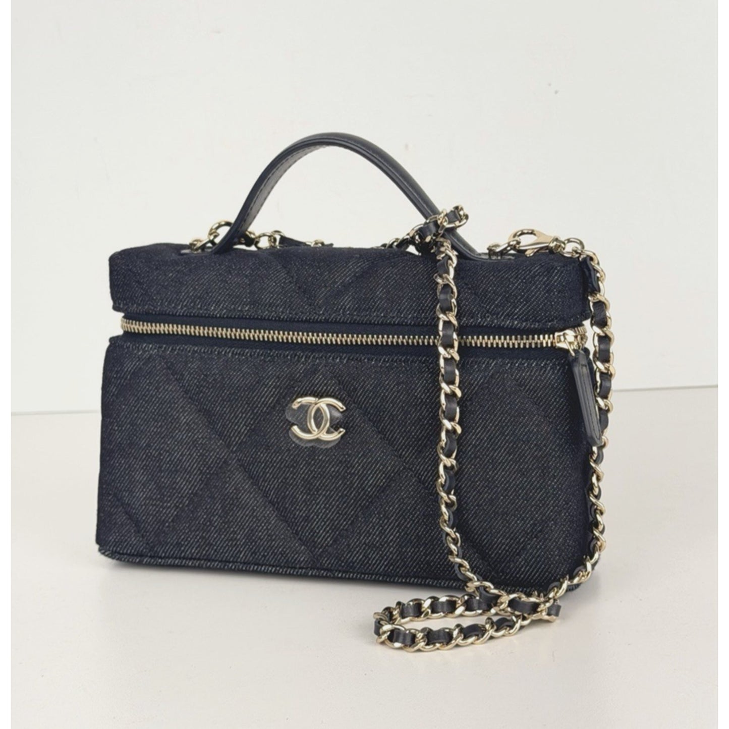 Chanel Slim Vanity Case Crossbody Bag in Blue Quilted Denim With Chain NFC E-1
