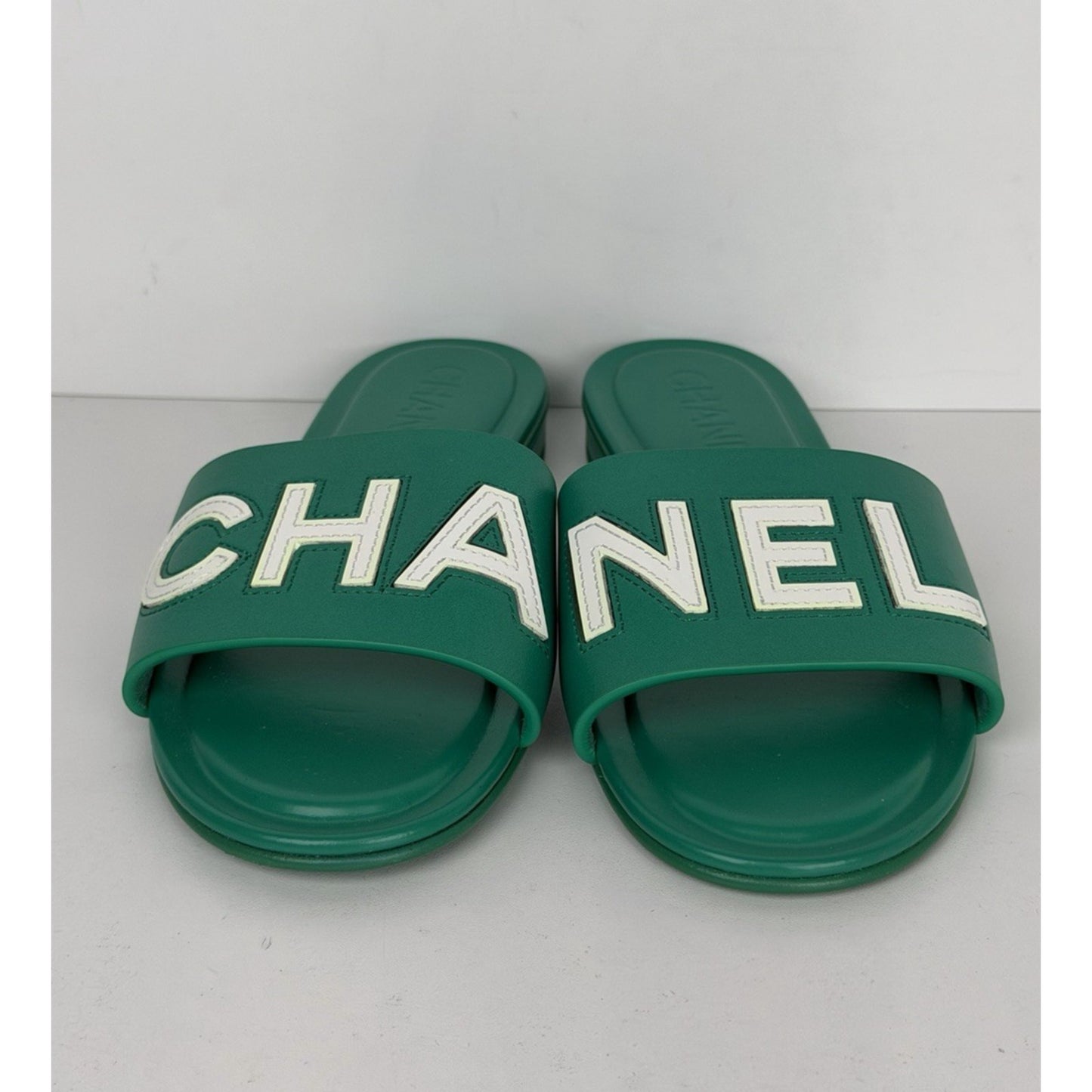 Chanel Mules in Emerald Green Leather with Logo Lettering 36 EU (5.5-6 US)