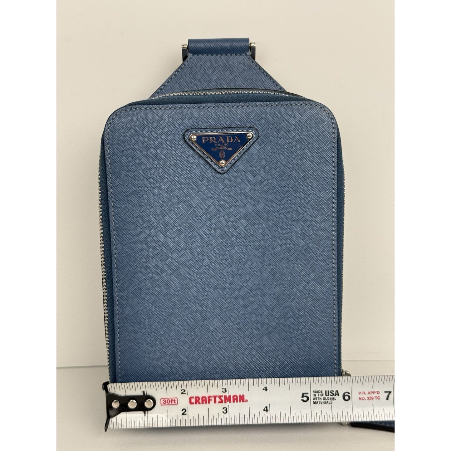 Prada Saffiano Leather Brique Crossbody Messenger Bag Bluette