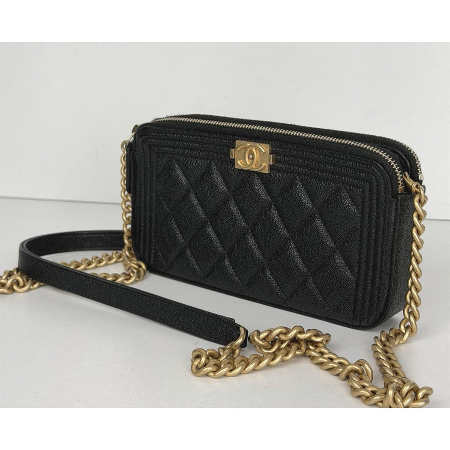 Chanel Boy Double Zip Chain Clutch in Quilted Black Caviar Leather 2019 E4