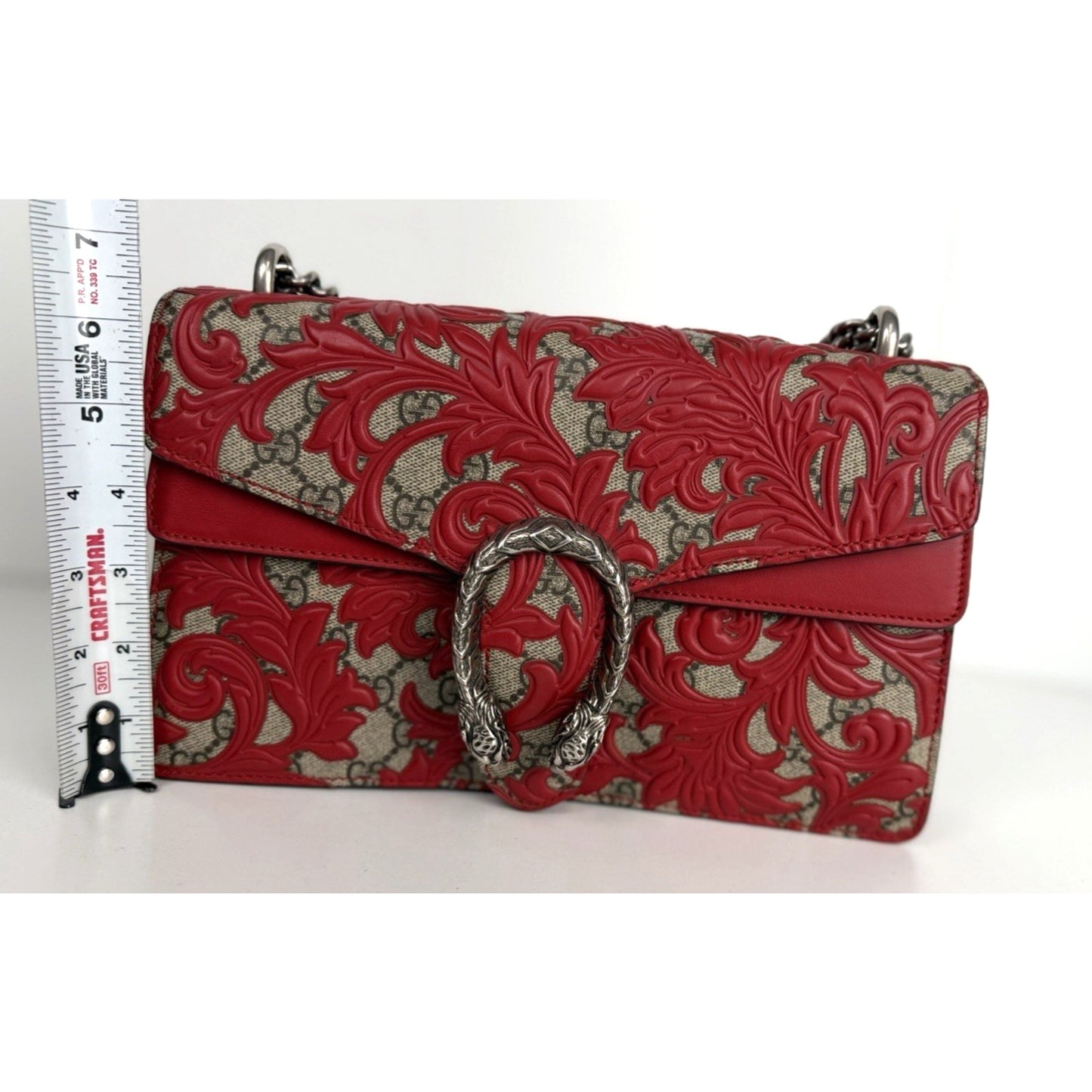 Gucci GG Supreme Arabesque Dionysus Shoulder Bag Small with Red Leather Trim S07