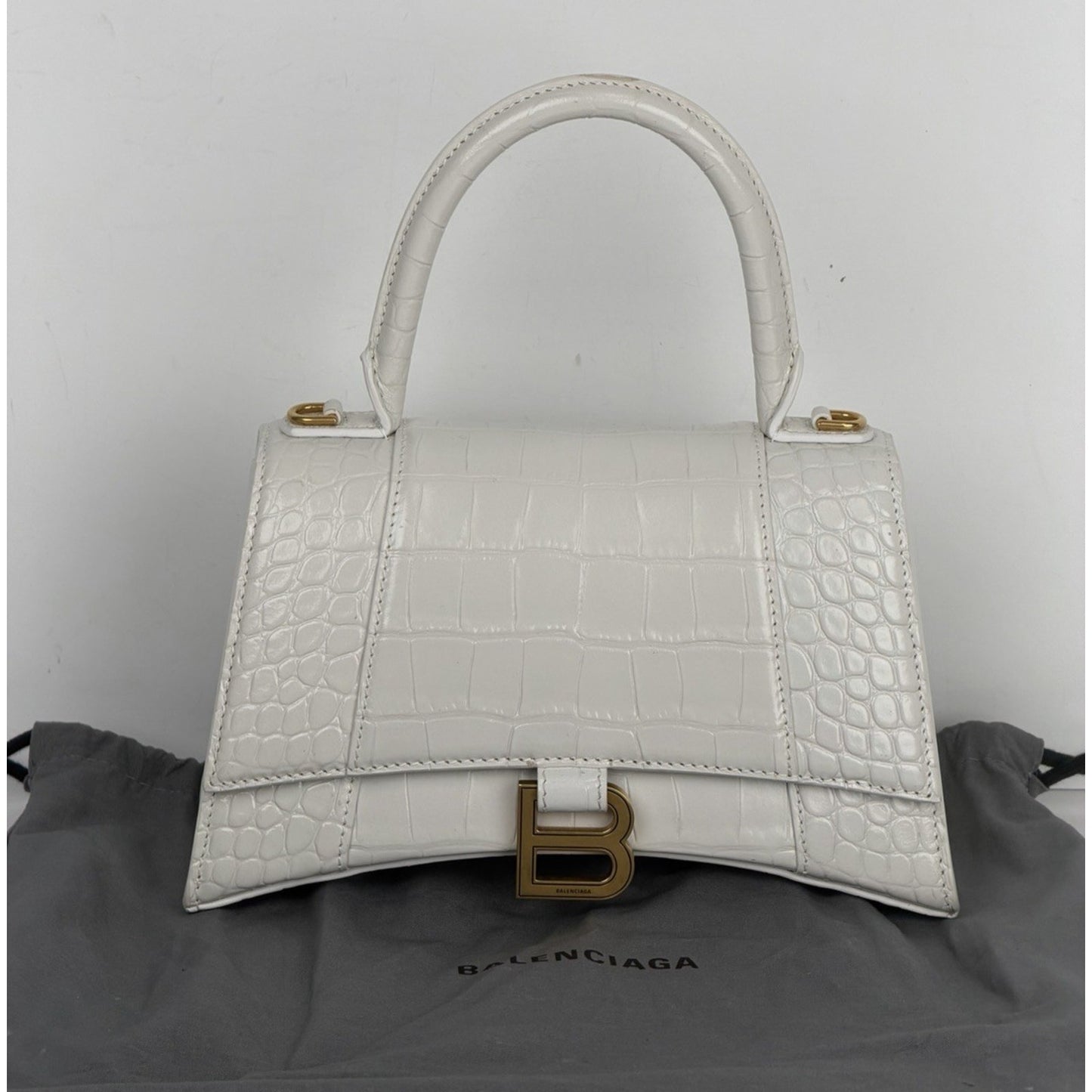 Balenciaga Small Hourglass Bag in White Crocodile-Embossed Leather S18