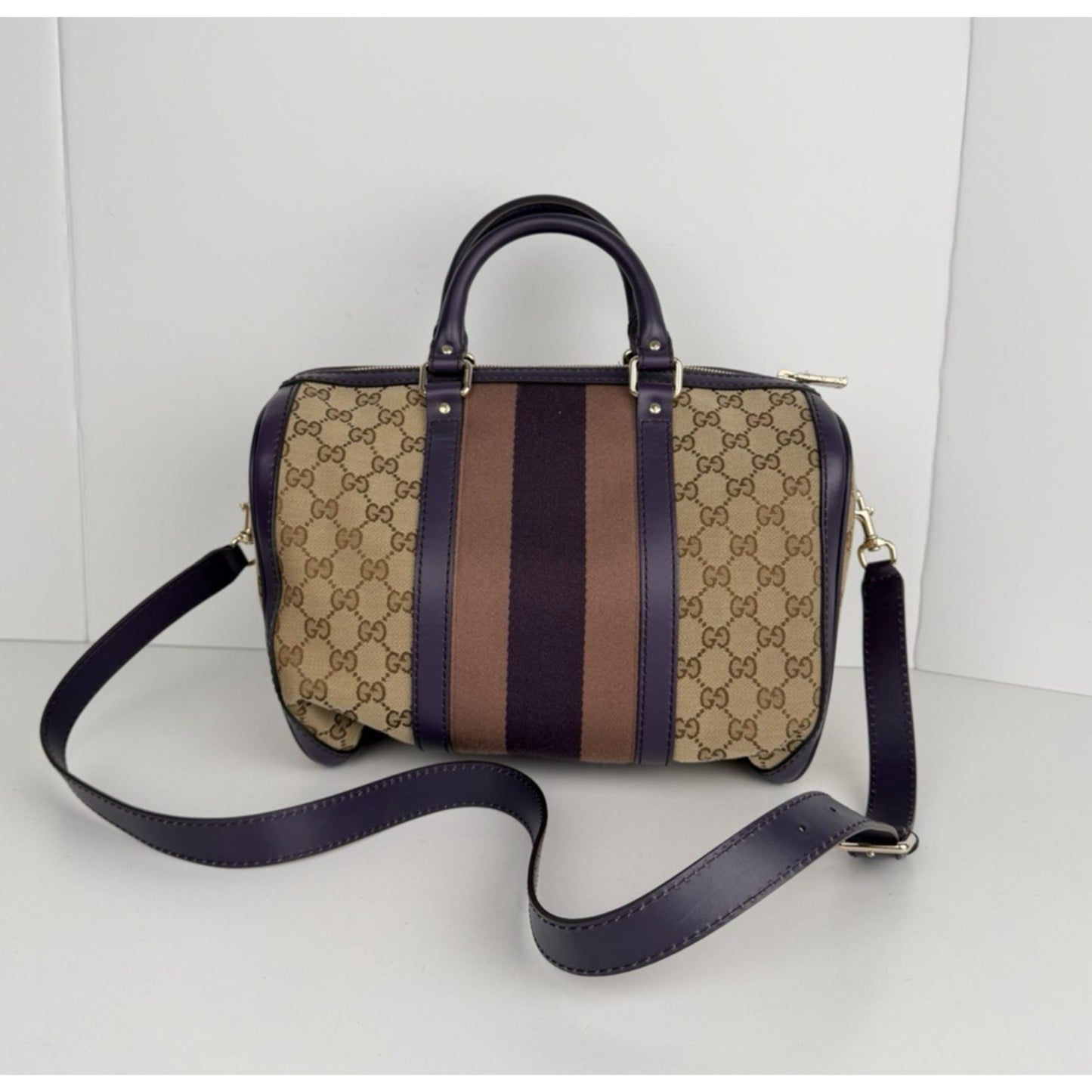 Gucci Web Boston Medium Bag in Brown GG Monogram Canvas & Purple Trim S