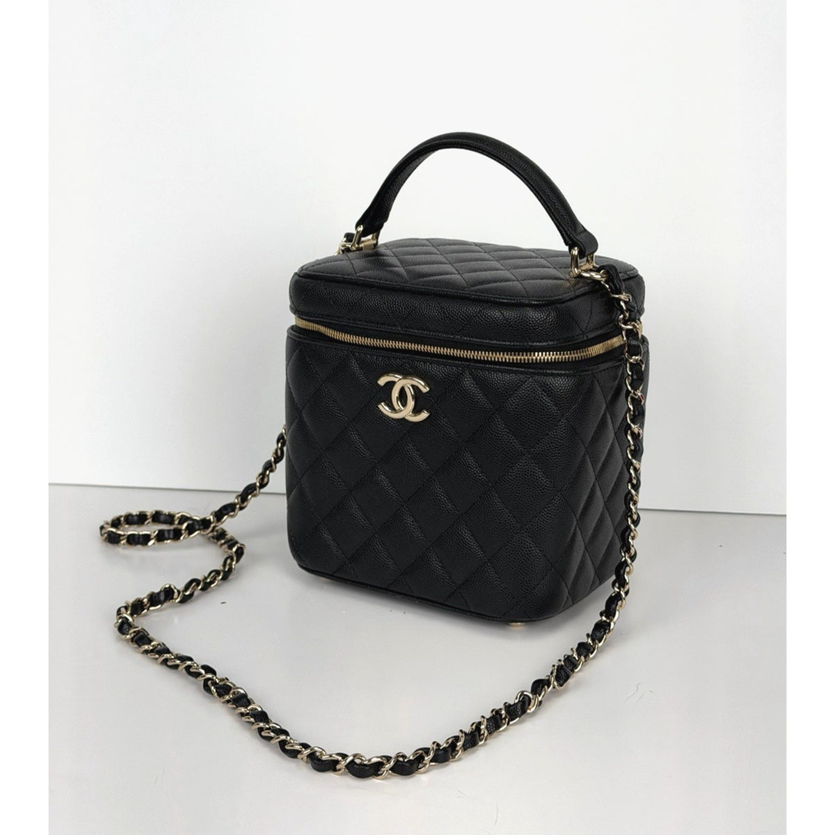 Chanel Vanity Case Top Handle Crossbody Bag Black Quilted Caviar Leather NFC F3
