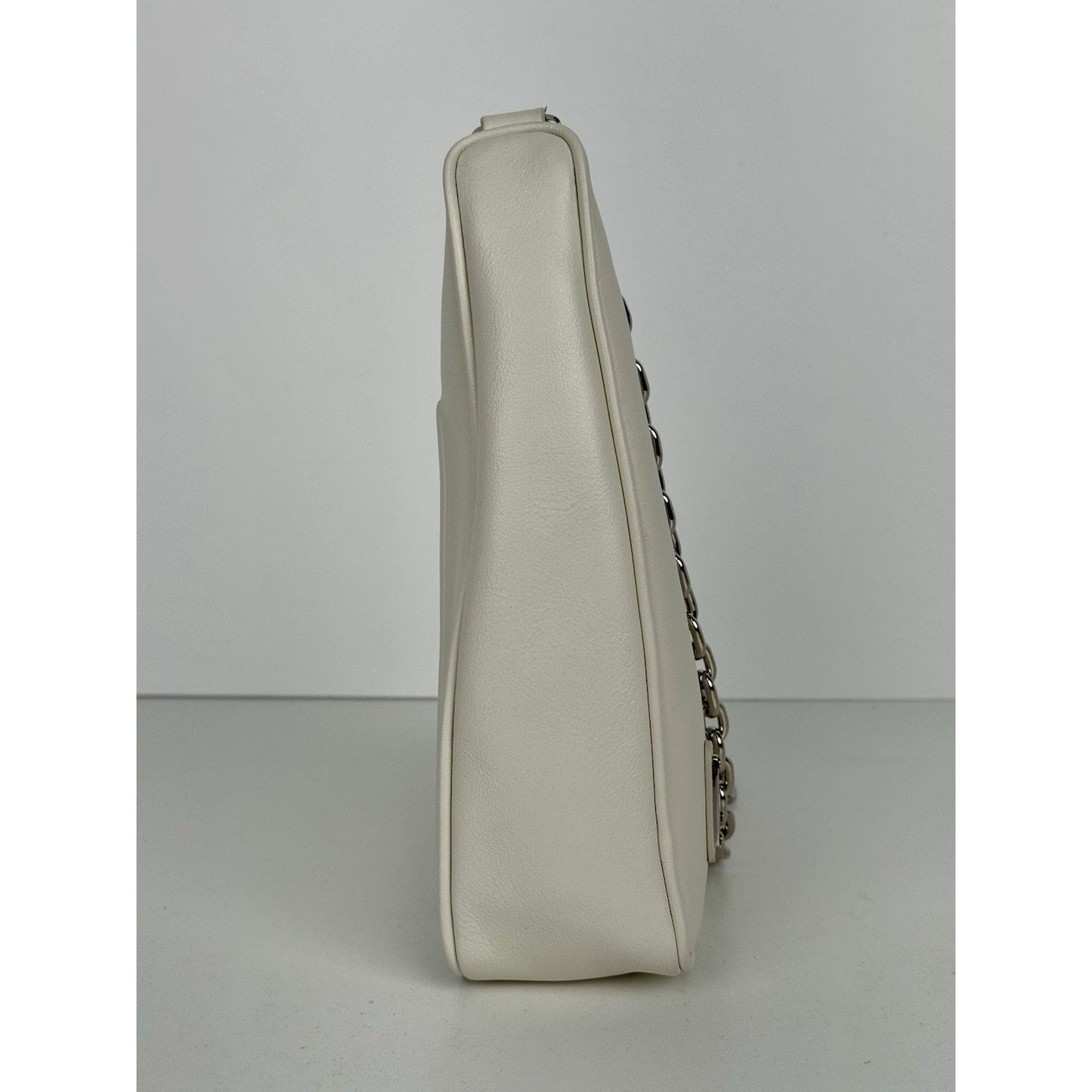 Prada Triangle Logo Shoulder Bag Ivory Leather Silver Hardware