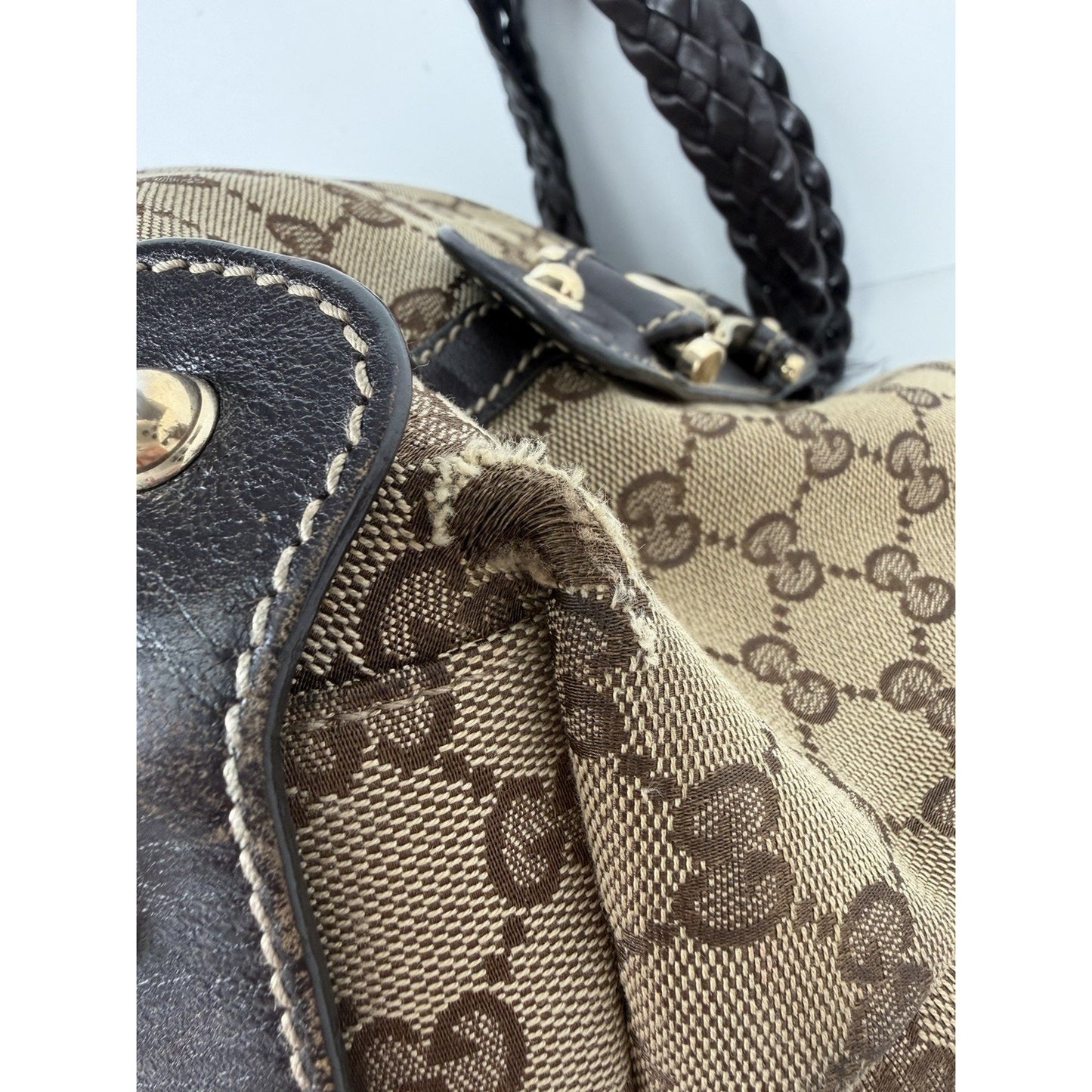 Gucci GG Pelham Shoulder Bag Canvas Braided Leather Handles & Gold Hardware S32