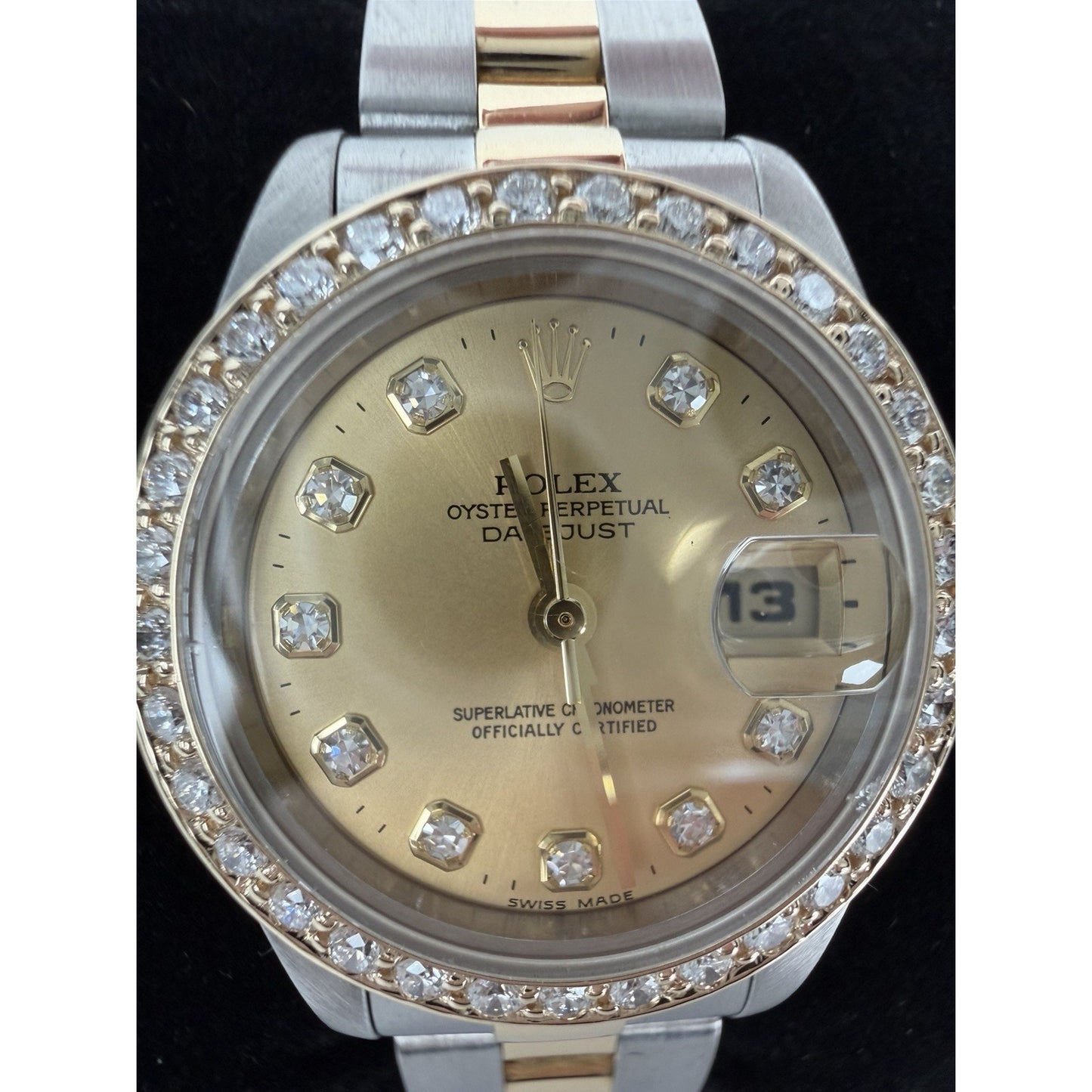 Rolex 69173 Ladies Datejust 18k Gold 26mm Diamond Dial with Custom Diamond Bezel