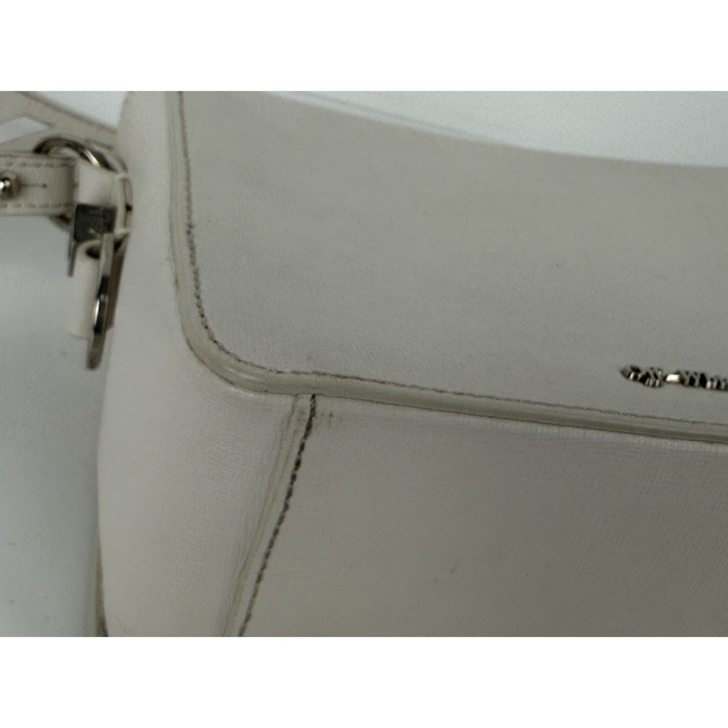 Off-White Diagonal Stripe Binder Clip Shoulder Bag White Leather with Silver