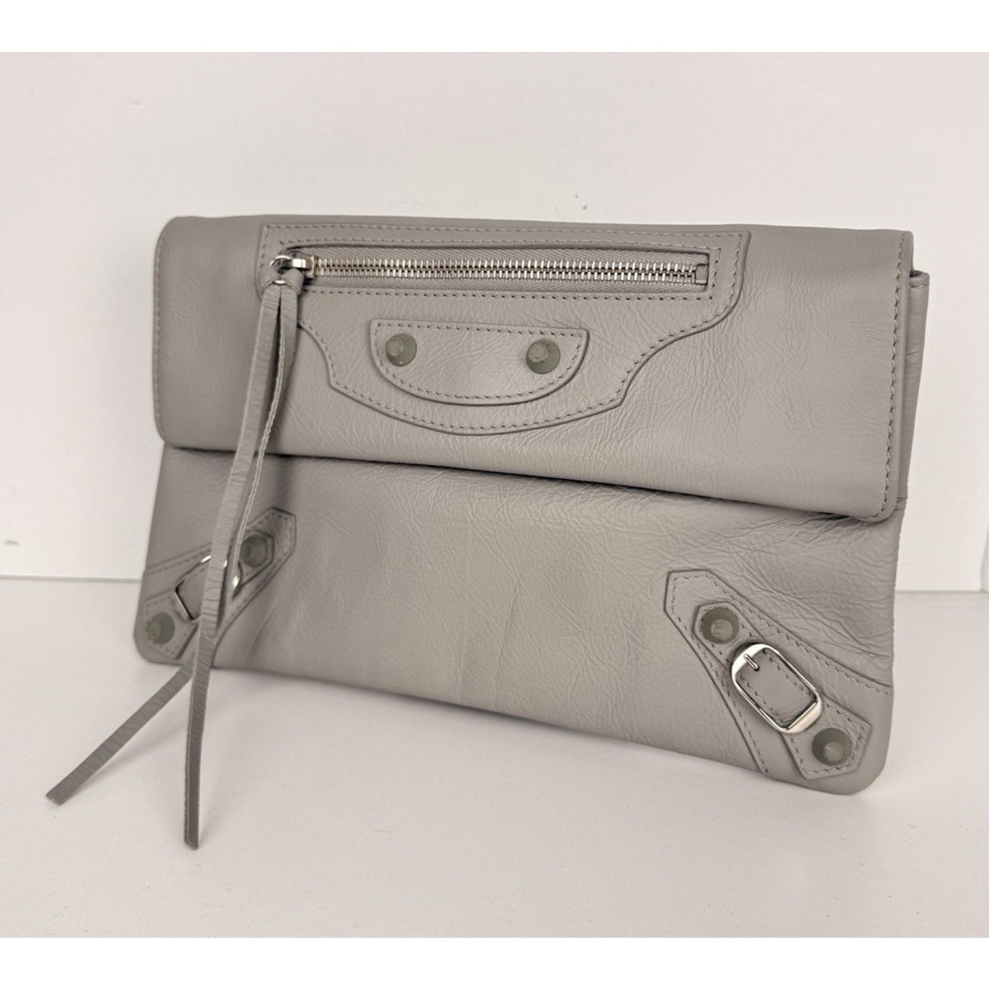 Balenciaga Chevre Motocross Classic Envelope Clutch Bag Light Gray Leather S19