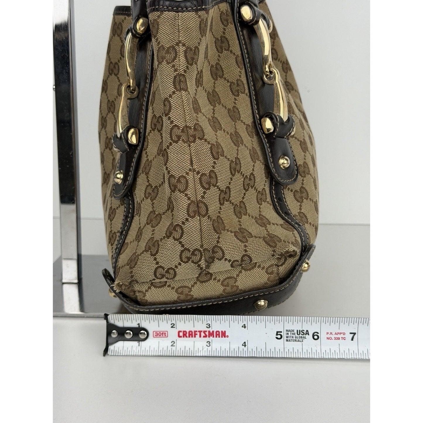 Gucci GG Pelham Shoulder Bag Canvas Braided Leather Handles & Gold Hardware S32