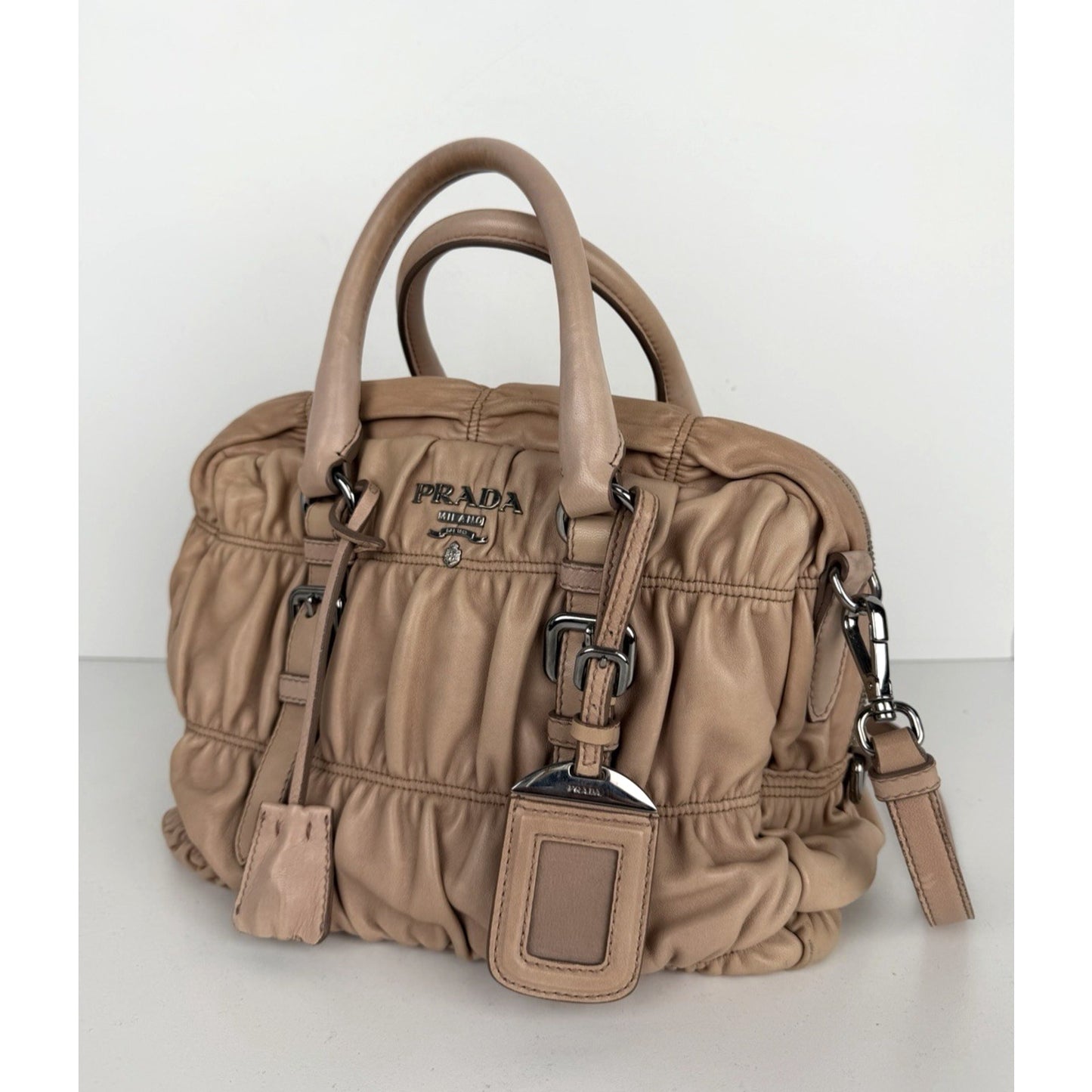 Prada Nappa Gaufre Satchel Bag in Beige Pleated Leather S-19