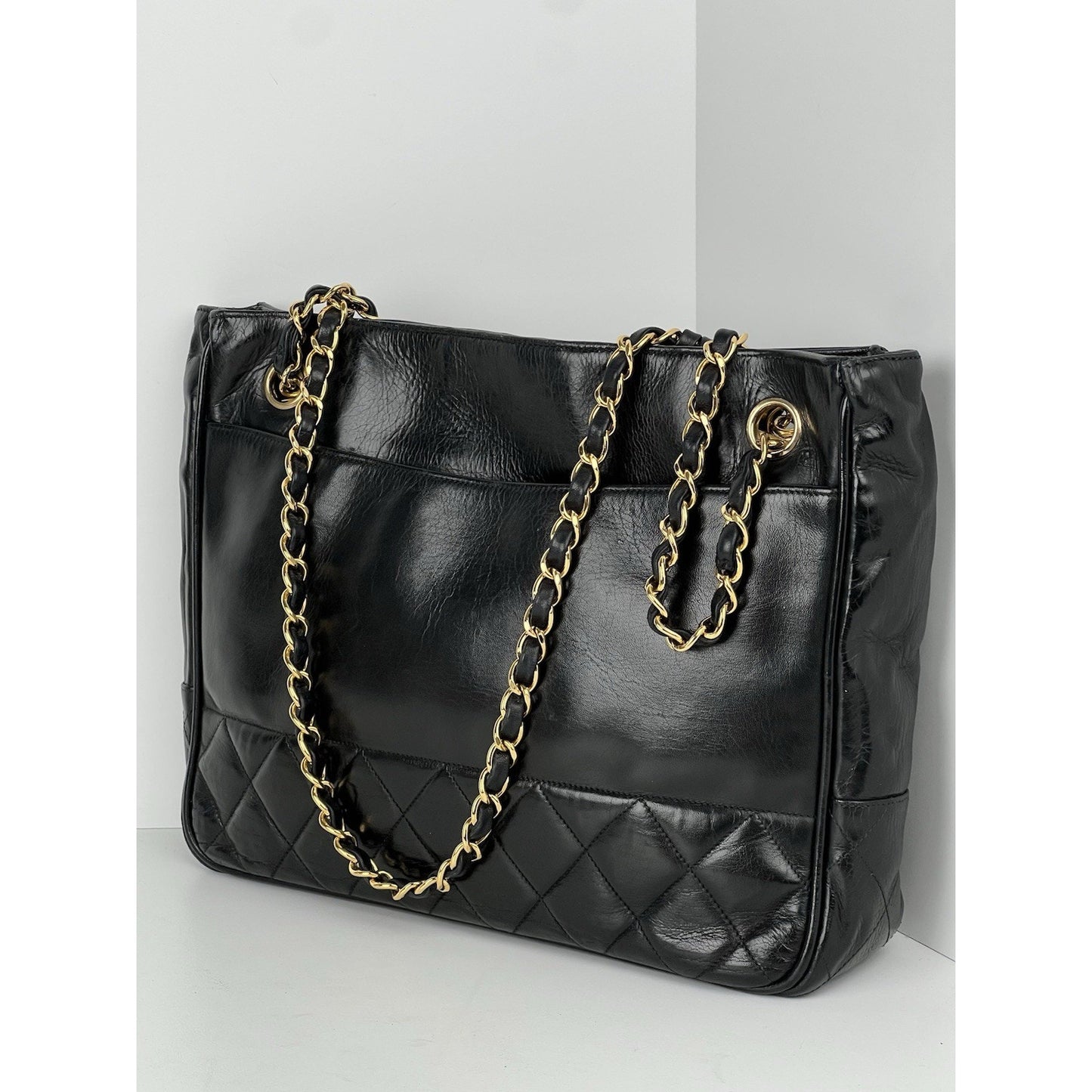 CHANEL Vintage Lambskin Black Leather Tote Shoulder Bag (1989-1991)