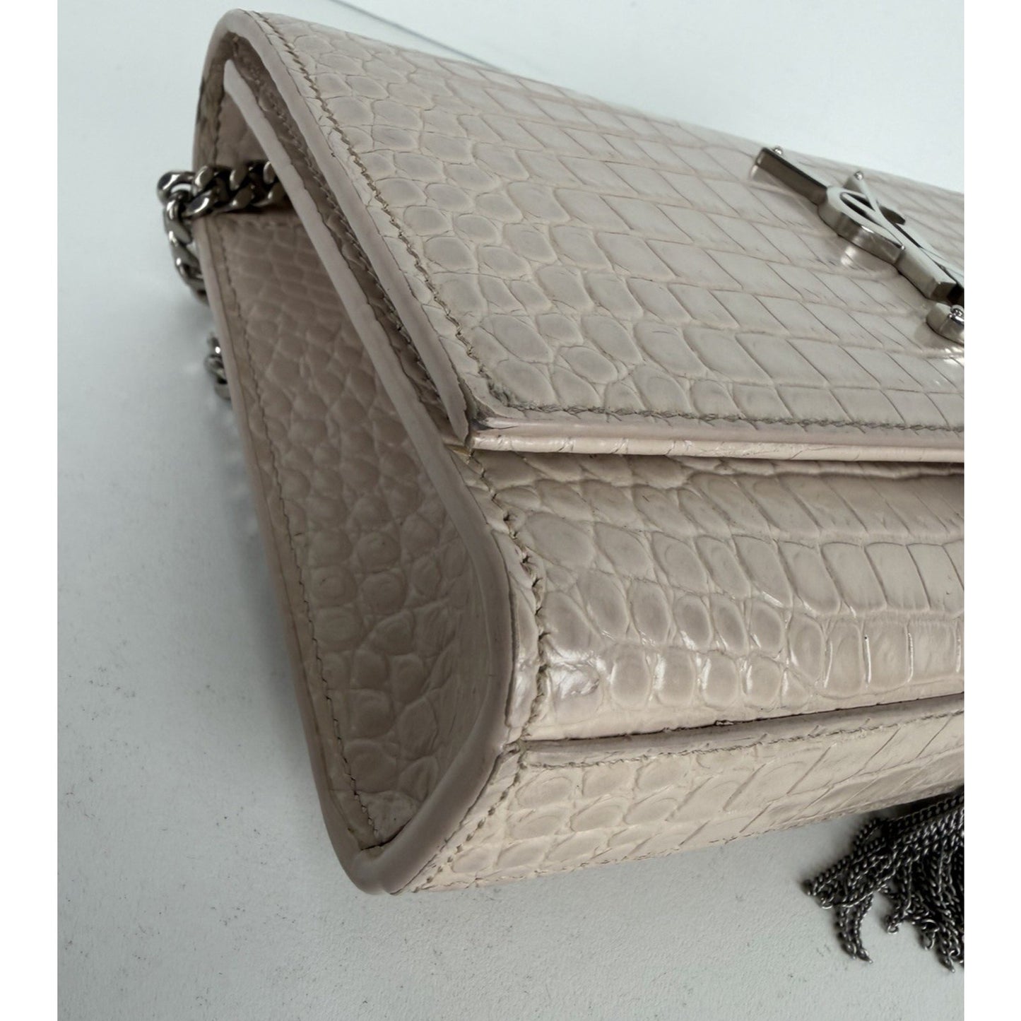 Saint Laurent Kate Monogram Tassel Bag Small Dusty Pink Croc-Embossed Leather S4