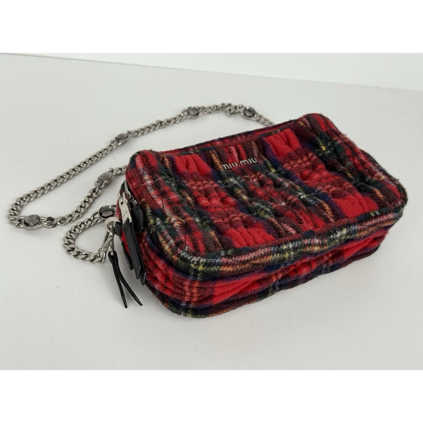 Miu Miu Tartan Matelassé Double Zip Chain Bag Red