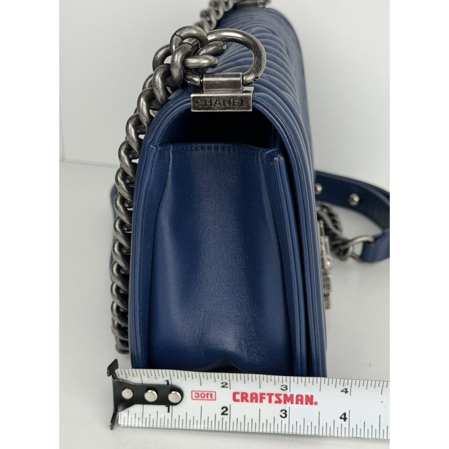 CHANEL Boy Flap Medium Shoulder Bag Lambskin Chevron Navy Blue 2014-2015 B4