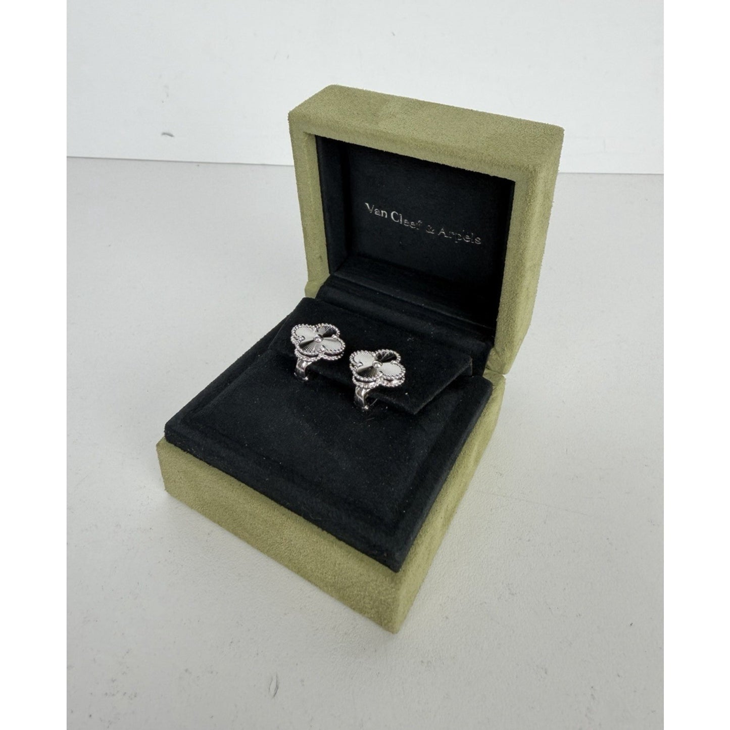 Van Cleef & Arpels Guilloche Alhambra Clover Earrings in 18k White Gold