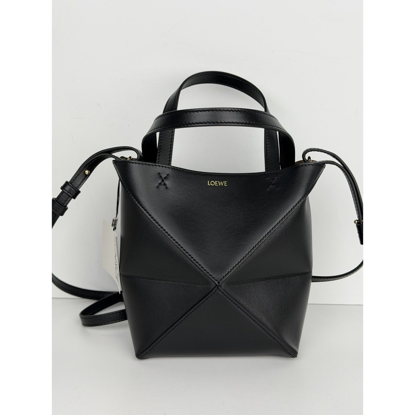 Loewe Shiny Calfskin Mini Puzzle Fold Tote Bag in Black Leather F2