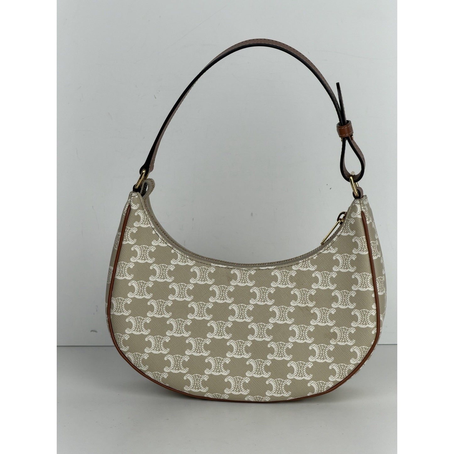 Celine Triomphe Ava Shoulder Bag Beige Coated Canvas with Brown Leather Trim S08