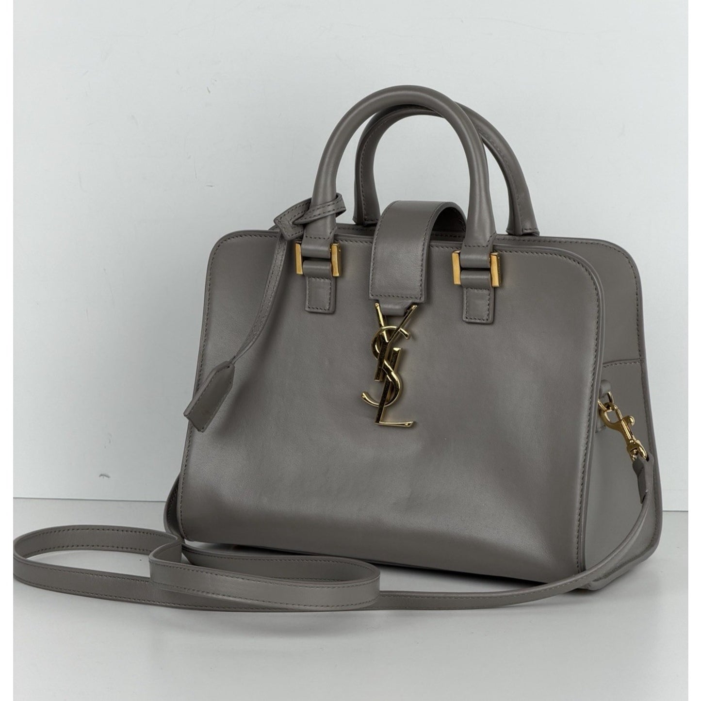 Saint Laurent Baby Monogram Downtown Cabas Bag in Gray Calfskin Leather S-19