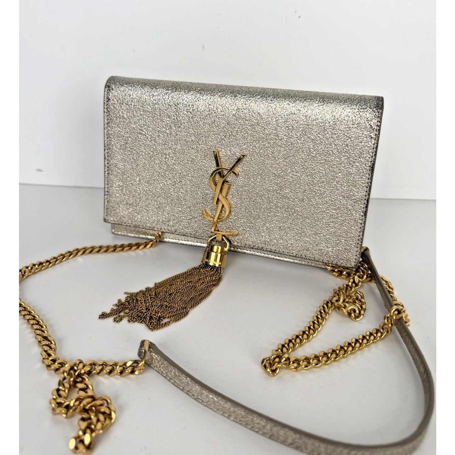Saint Laurent Kate Small Tassel Wallet on Chain Bag in Gold Metallic Leather S06