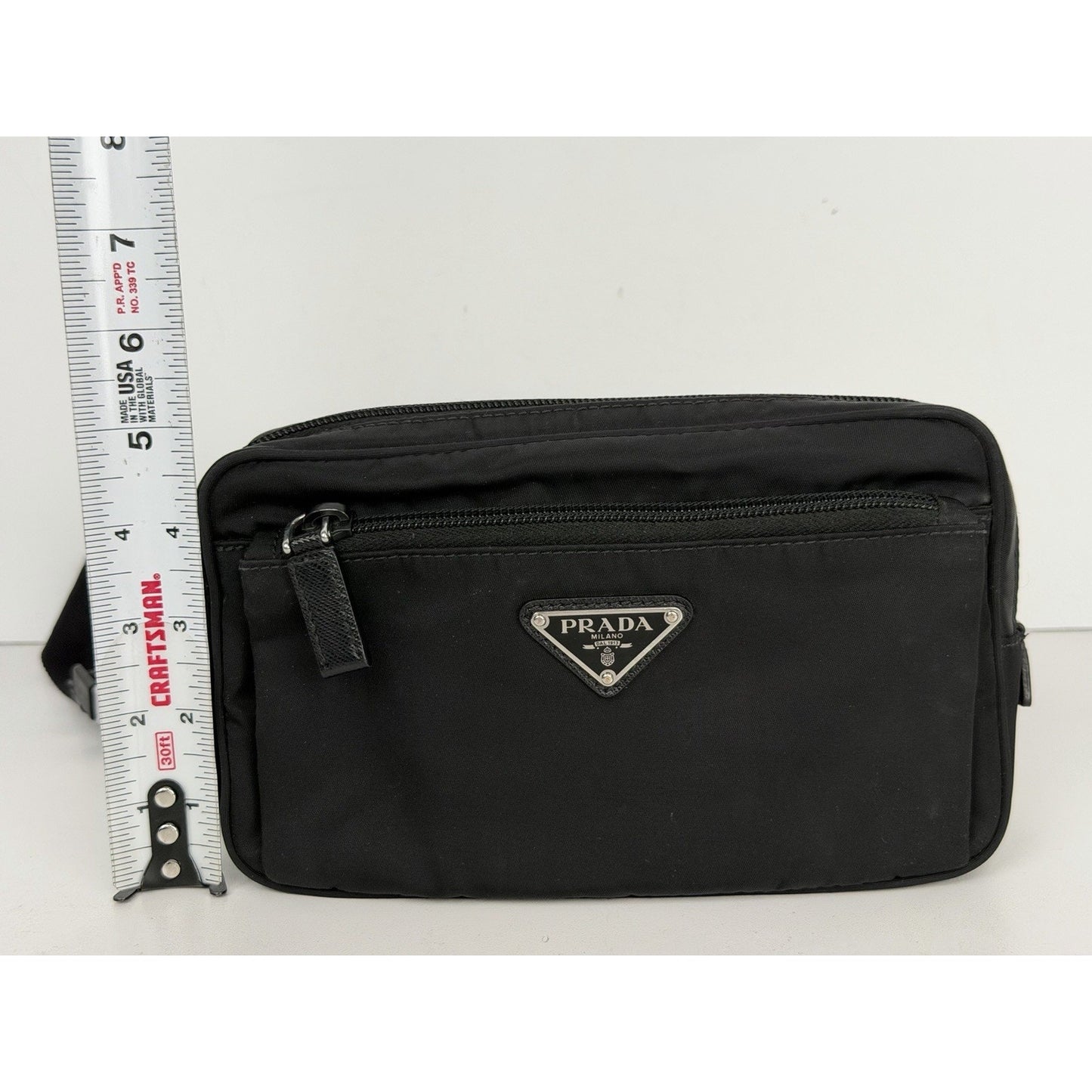 Prada Tessuto Nylon Belt Bag in Black with a Front Zippered Pocket S07
