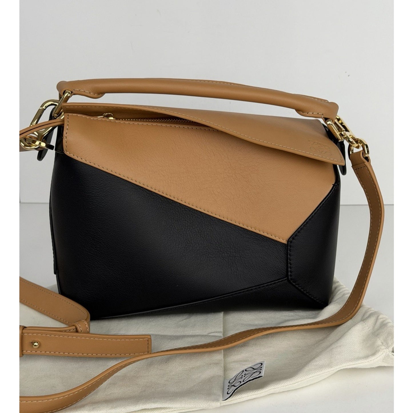 LOEWE Puzzle Edge Small Bag in Brown and Black Calfskin Leather B1