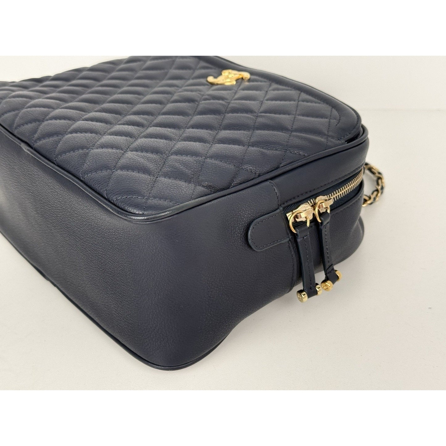 CHANEL Calfskin Quilted CC Medium Vanity Case Navy Blue Gold Hardware B-5