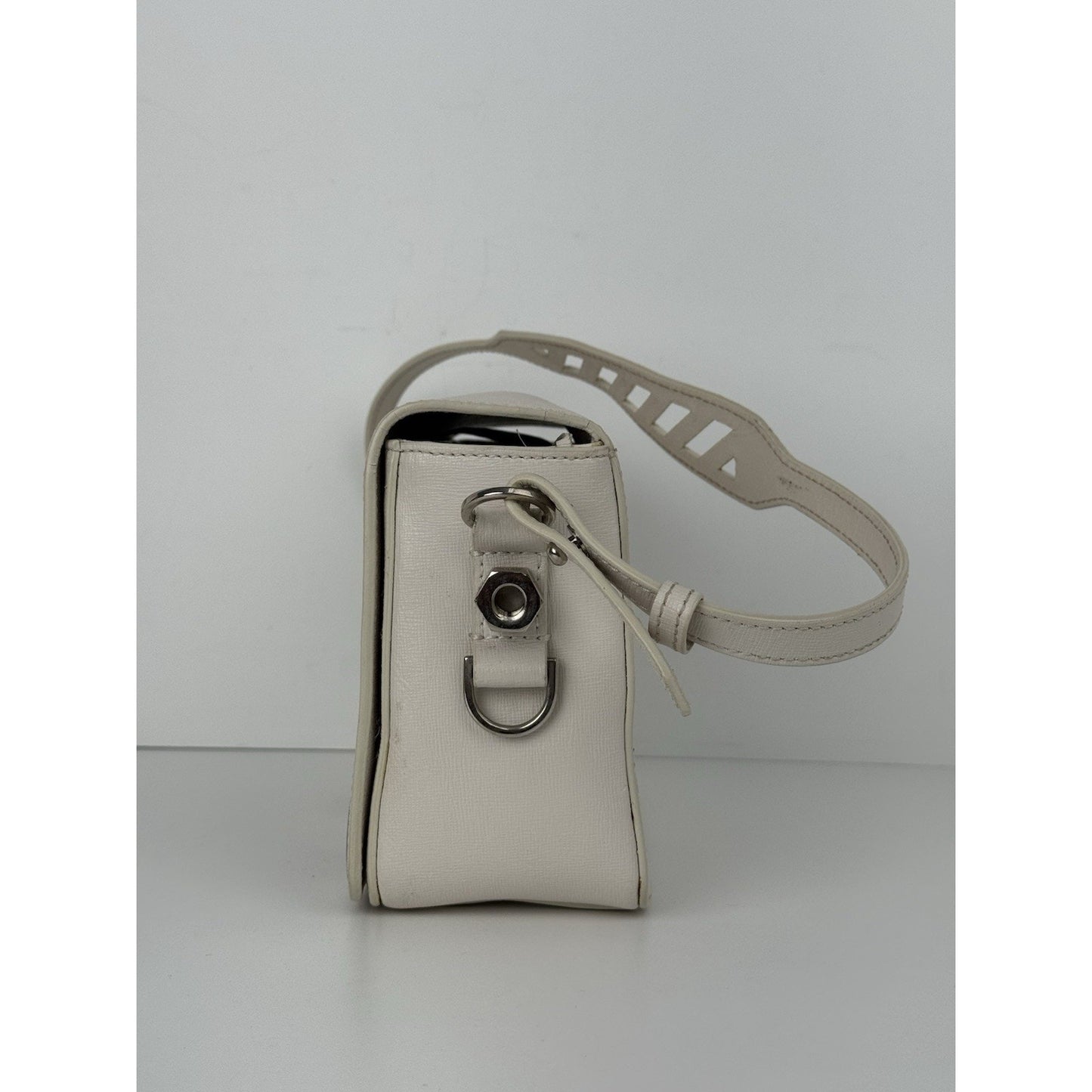 Off-White Diagonal Stripe Binder Clip Shoulder Bag White Leather with Silver
