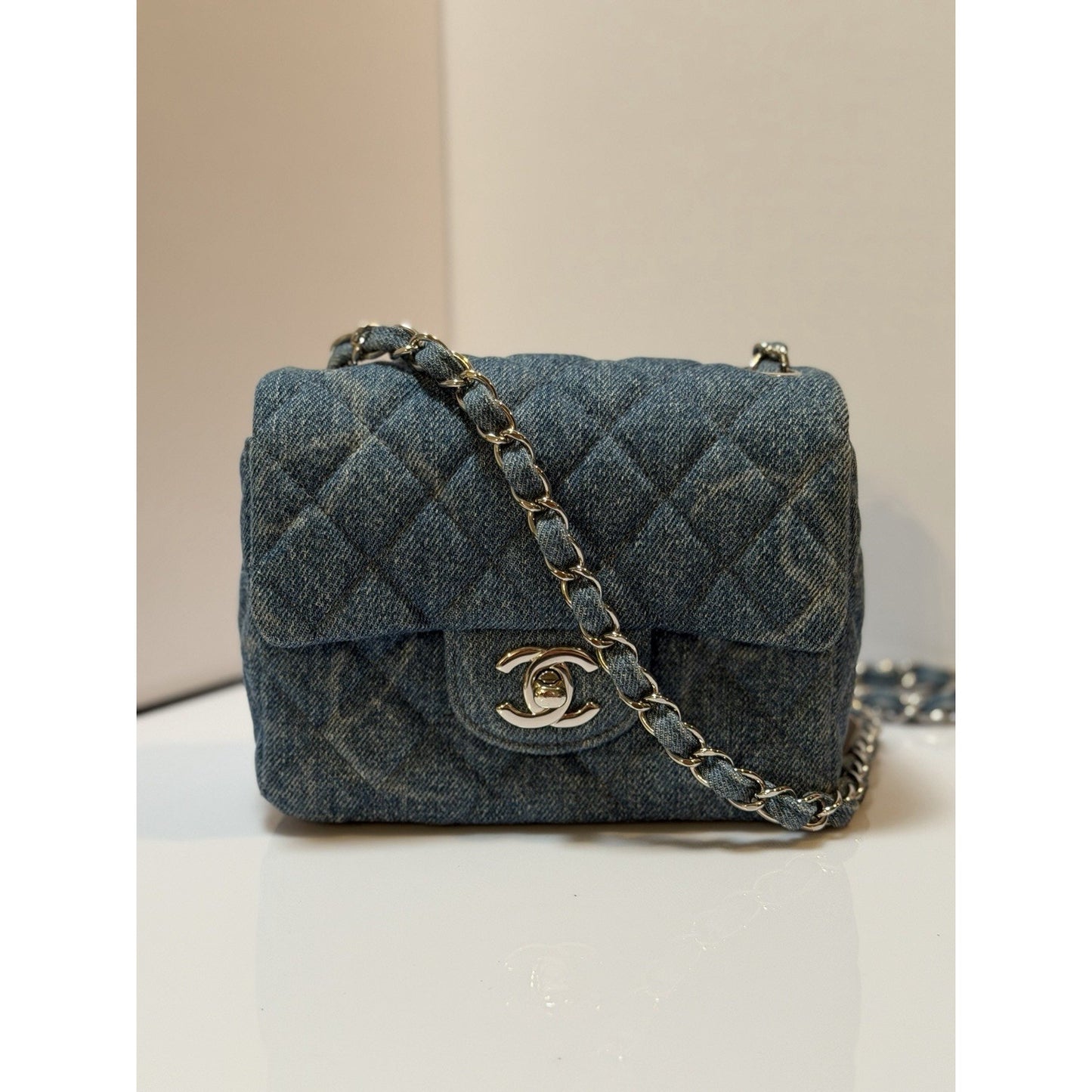 Chanel Square Classic Single Flap Bag Quilted CC Printed Denim Mini