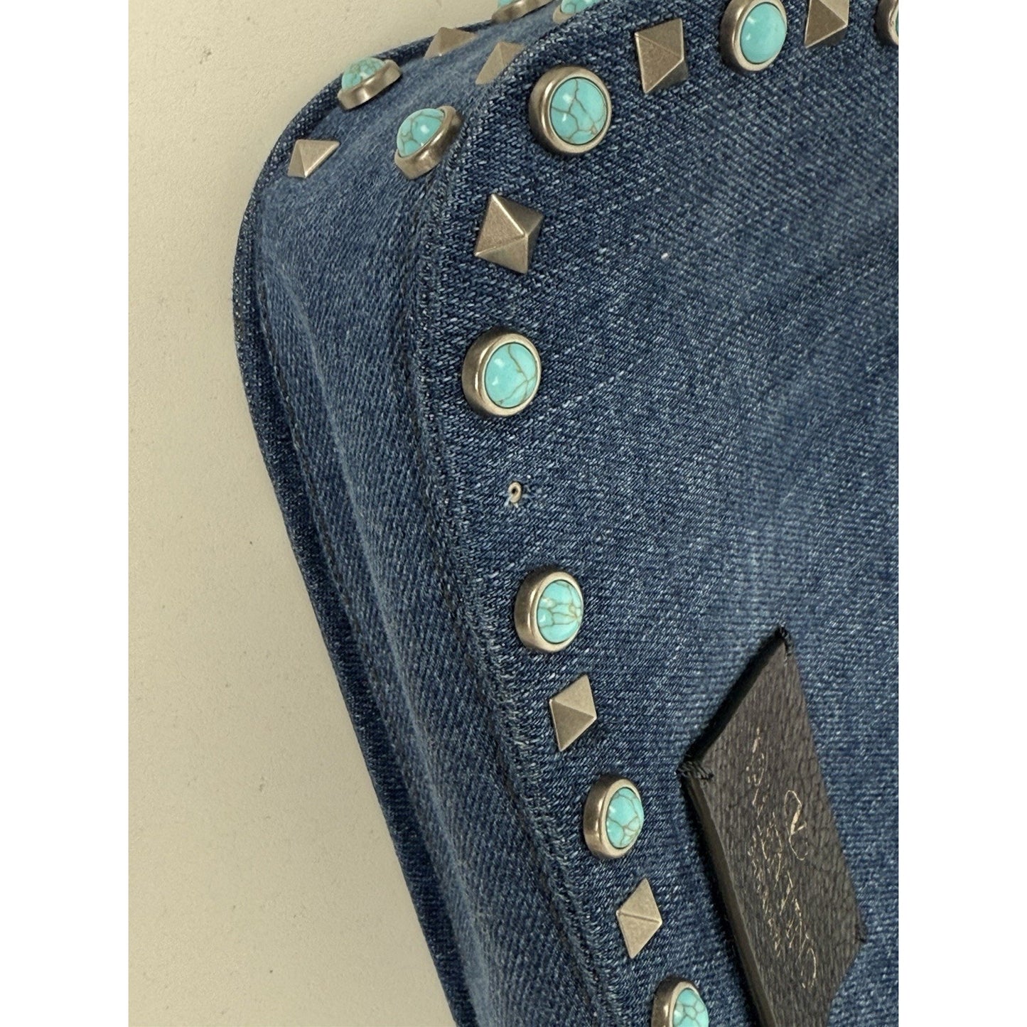 Valentino Rolling Rockstud Denim and Leather Shoulder Bag with Multicolor Strap