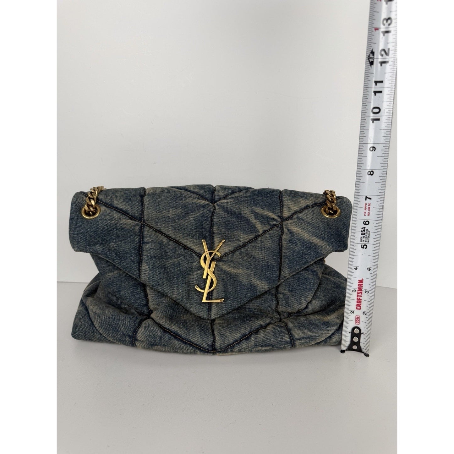Saint Laurent Loulou Puffer Shoulder Bag Medium in Quilted Blue Denim C-9