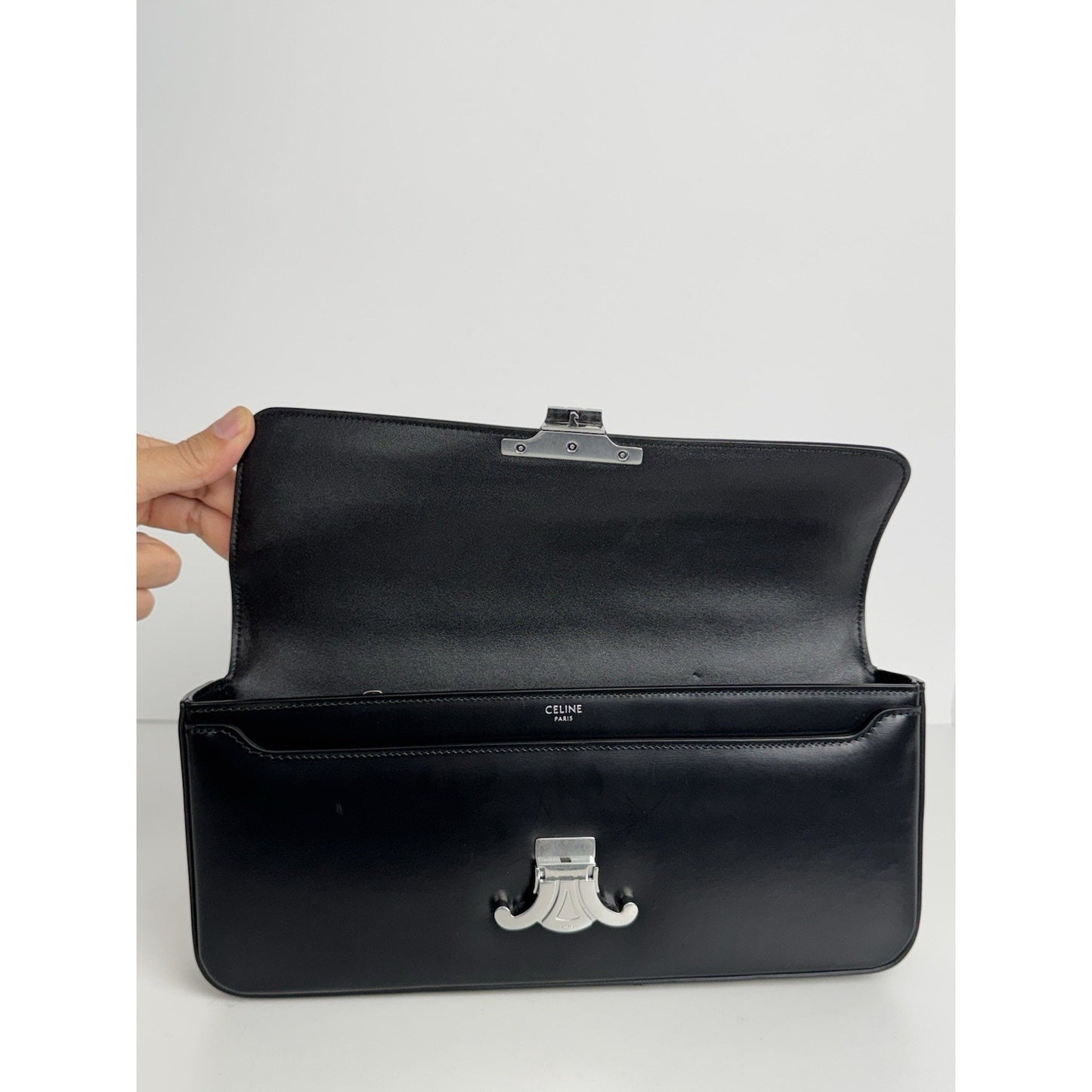 Celine Claude Chain Shoulder Bag Black Leather Triomphe Closure C-8