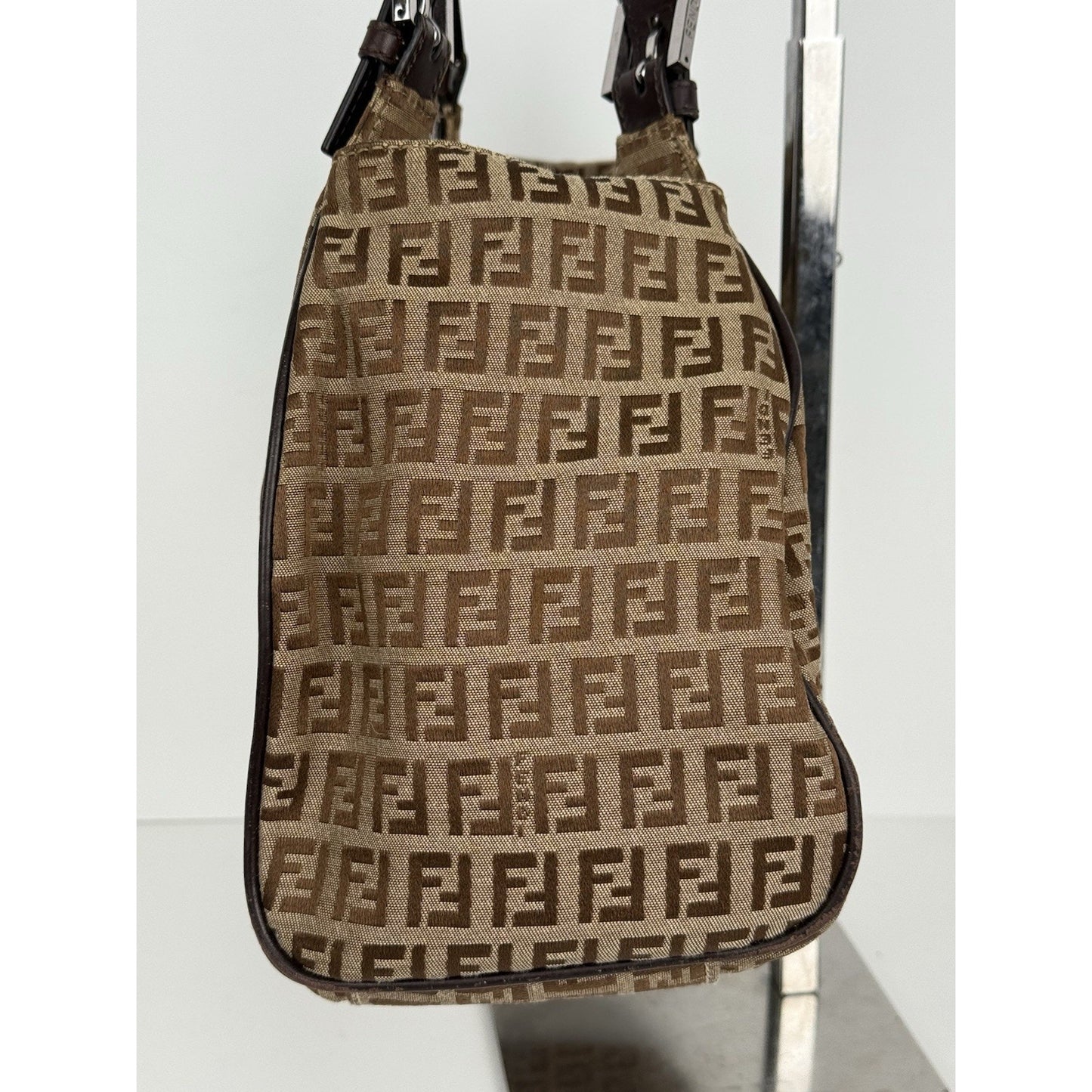 Fendi Zucchino Canvas Monogram Bag with Leather Trim and Silver Hardware