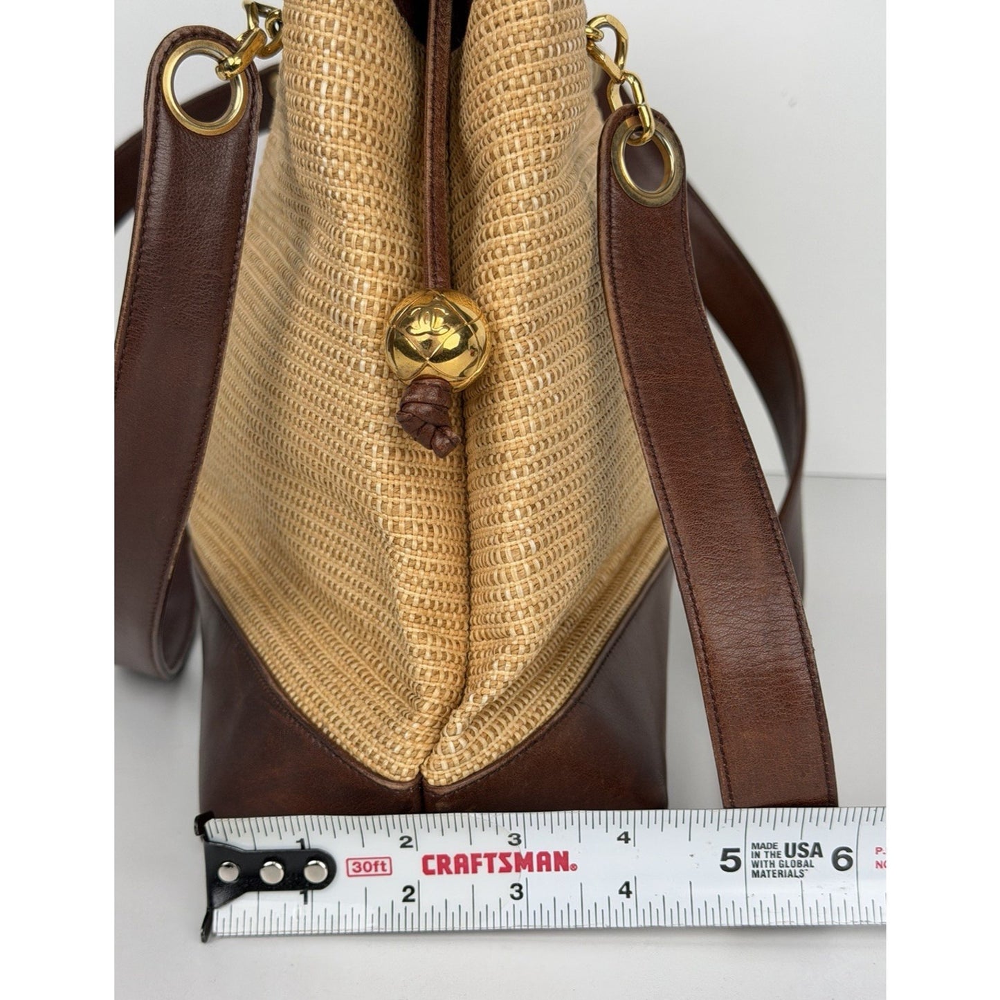 Chanel Raffia-Woven Tote Bag 1994 Vintage Beige Straw & Lambskin Leather Trim E5