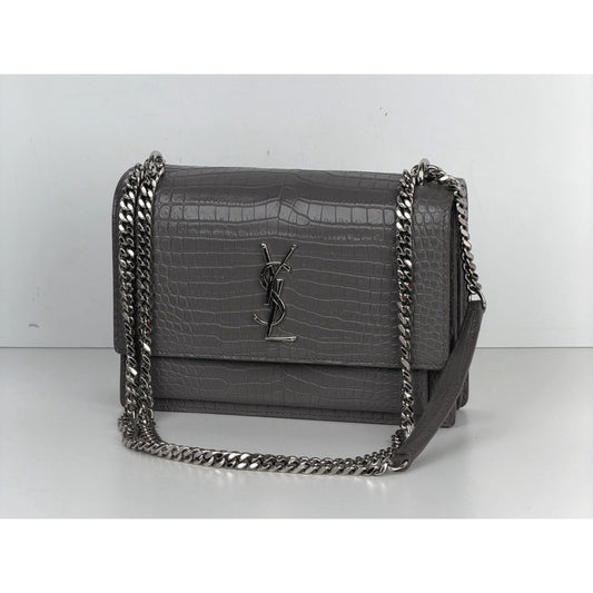 Saint Laurent Sunset Crocodile Embossed Medium Shoulder Bag in Gray Leather S08